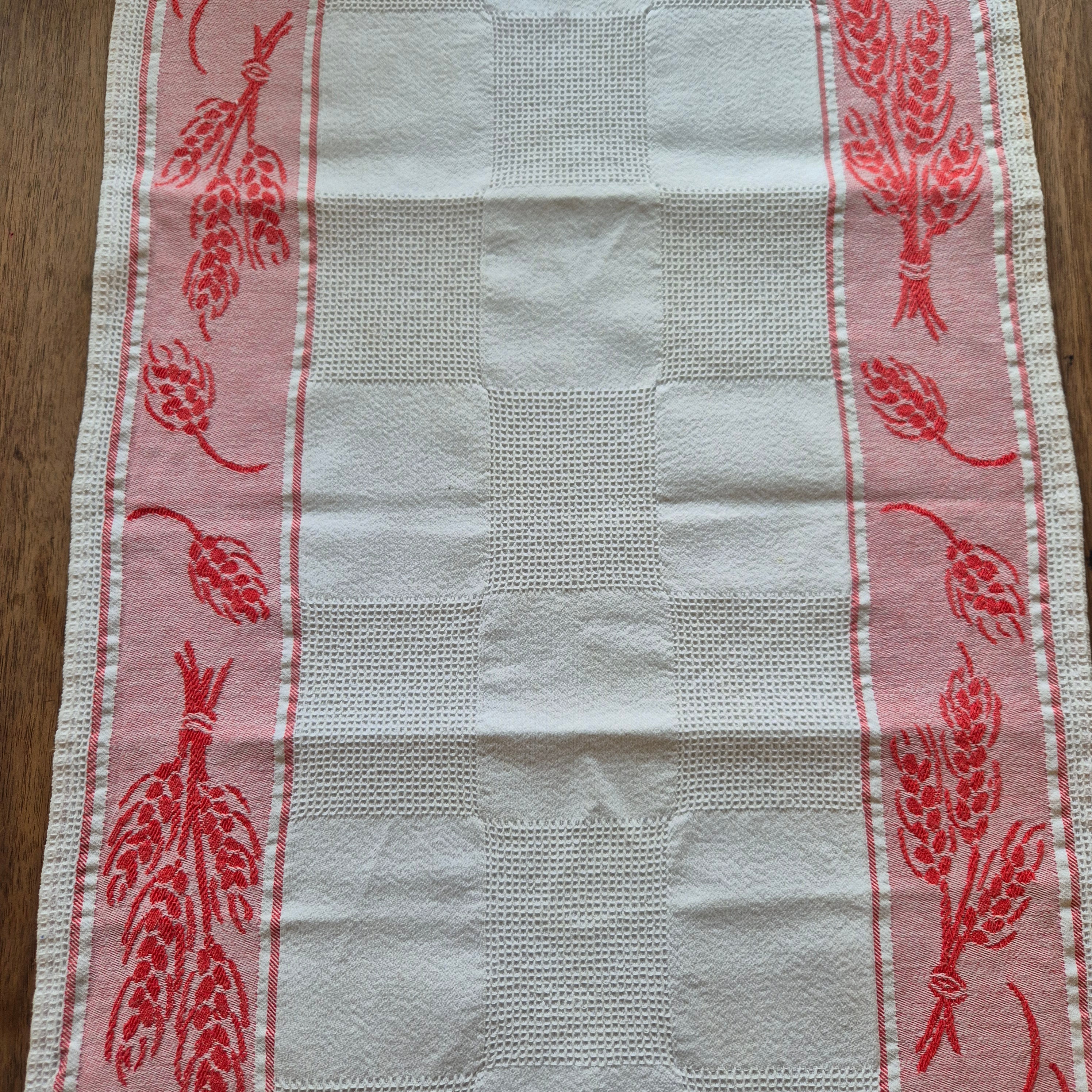 Antikes Jugendstil Küchen-& Geschirrhandtuch weiß rot Leinen 66x44cm Weizenmotiv Getreide ♡