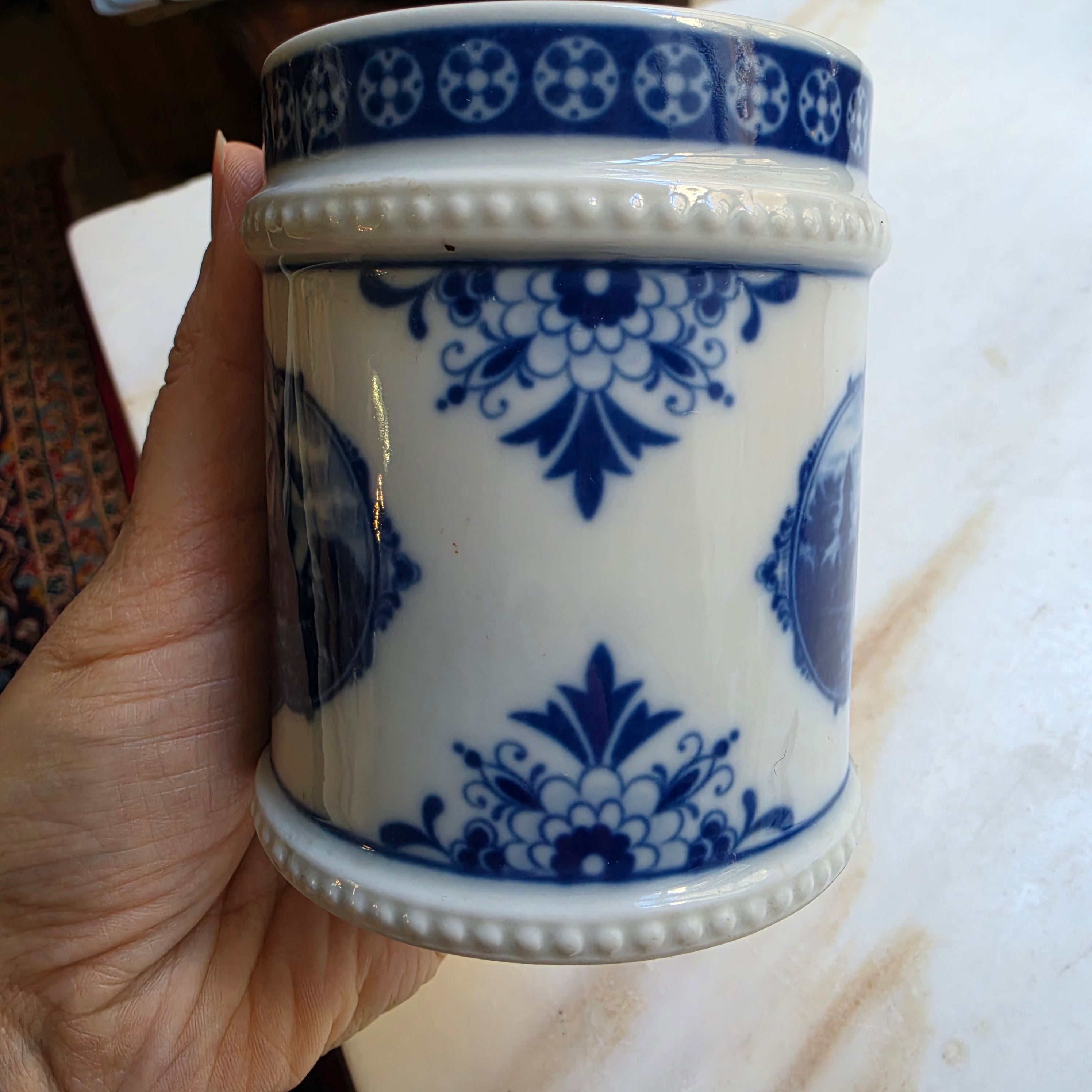 Alte Porzellan Deckeldose Echt Kobalt Fine China Lichte Schiffsmotiv Mühle Hafen