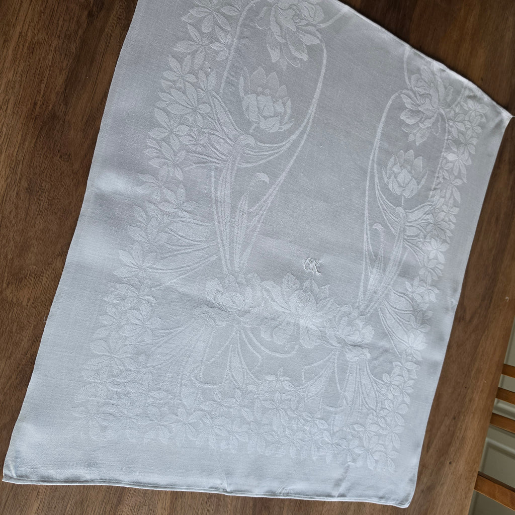 Antike Vintage Leinen-Serviette - Tischdecke mit Damast-Muster & Monogramm-Stickerei "CK" – Jugendstil / Art Nouveau - 63x57cm