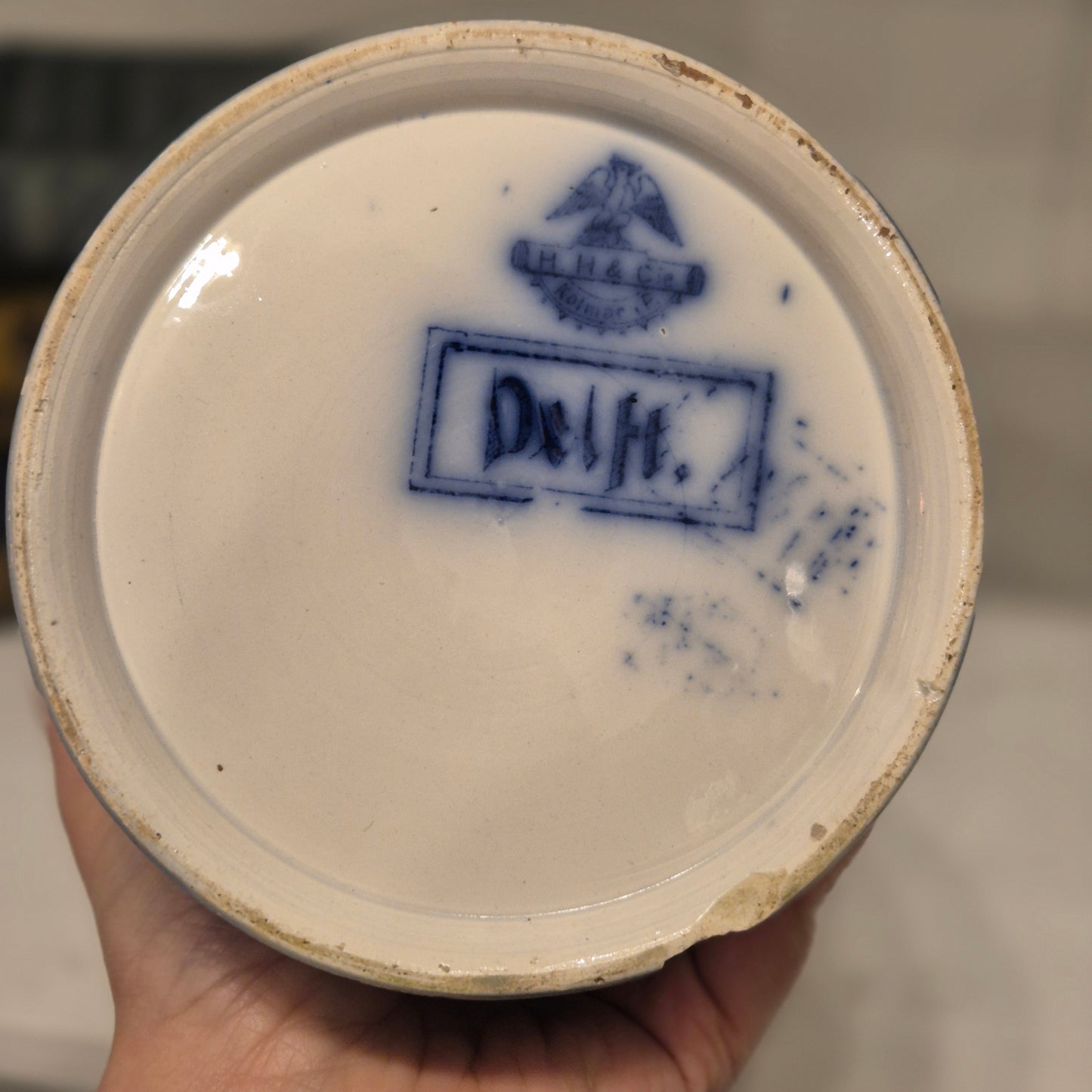 Antike H.H & Cie Delft Vorratsdose ohne Deckel blau weiß 120Jahre alt Kochlöffelhalter Aufschrift "Nudeln"