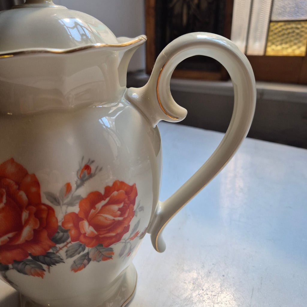 Antike Kaffeekanne Elfenbeinfarbend mit Rosendekor Porzellan VICTORIA