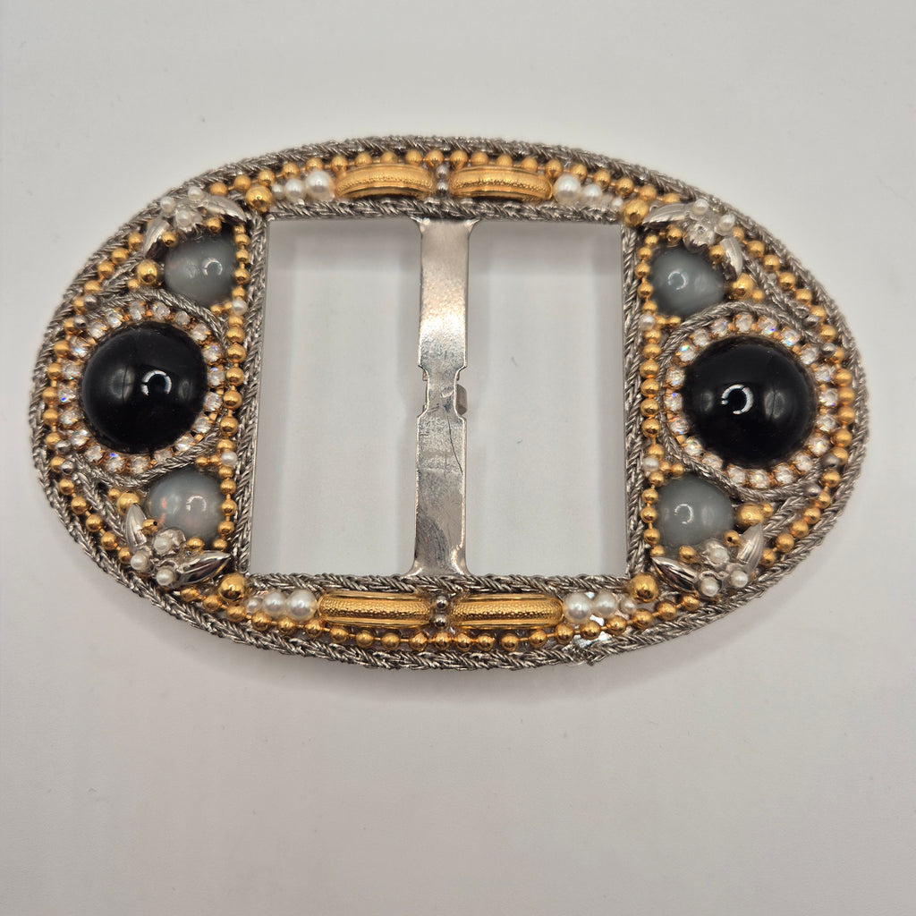 Große Vintage 80er Jahre Gürtelschnalle Oval Handmade rot schwarz gold