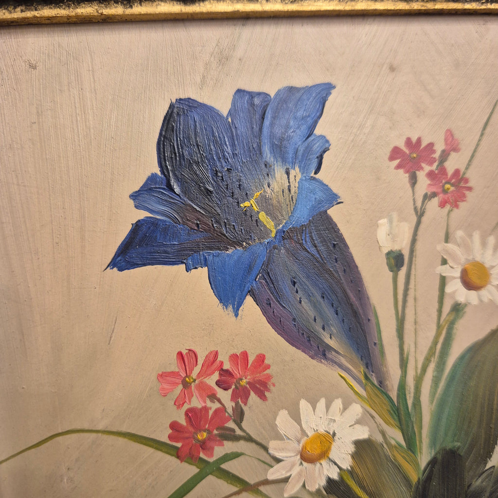 Altes gerahmtes Blumenbild blauer Enzian im Barock Stil Ölmalerei