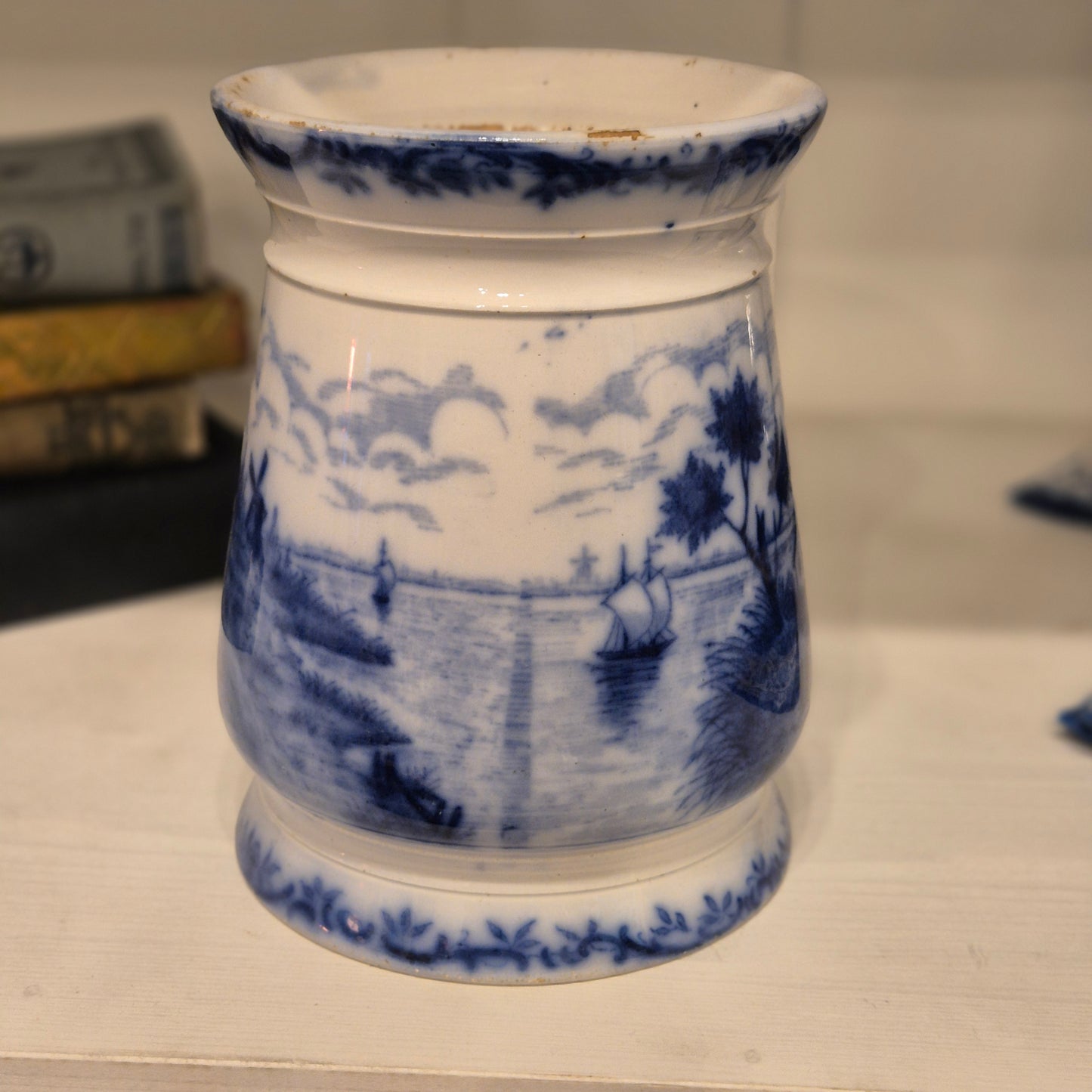 Antike H.H & Cie Delft Vorratsdose ohne Deckel blau weiß 120Jahre alt Kochlöffelhalter Aufschrift "Nudeln"