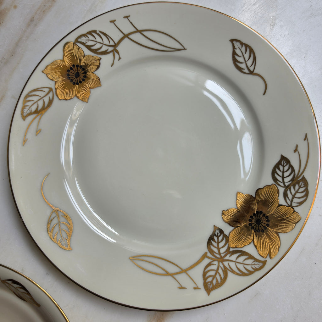 Vintage Alka-Kunst Kronach Kaffeegedeck 3-teilig – Goldblumen & Elfenbein-Porzellan (ca. 1950er)