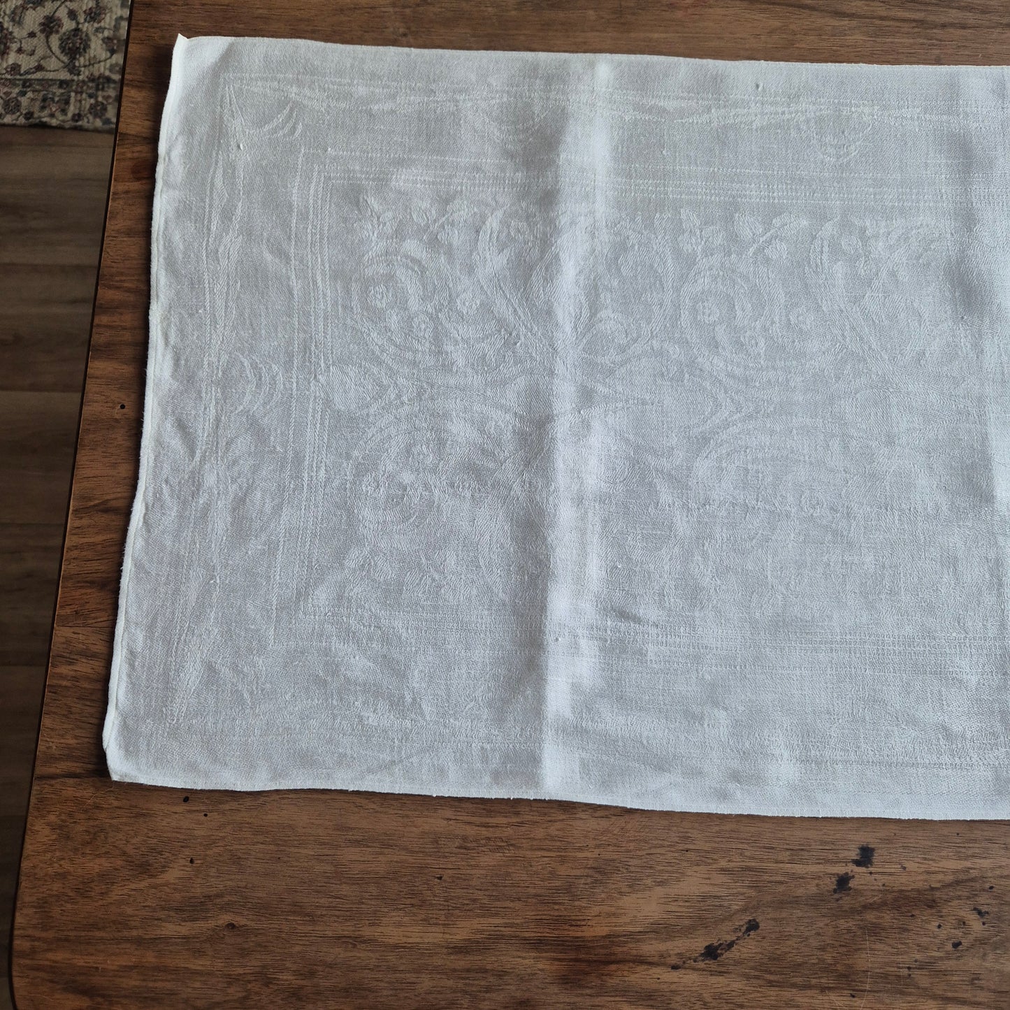Antikes Jugendstil Küchen-&Geschirrtuch weiß Damast Baumwolle 108x47cm Ornamente
