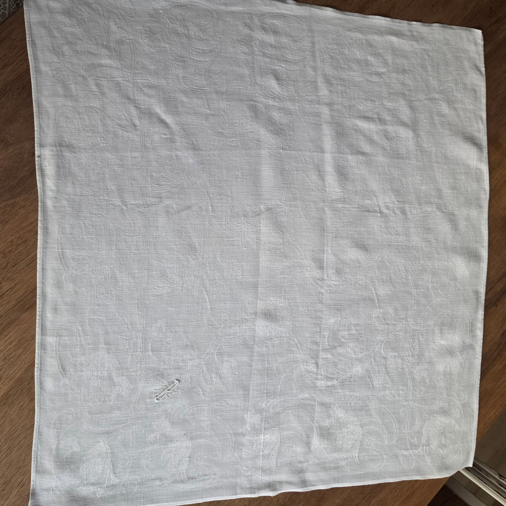 Antike Damast-Serviette - Mitteldecke mit kunstvollem Jugendstil-Muster & Monogramm „B“ - 60x65cm