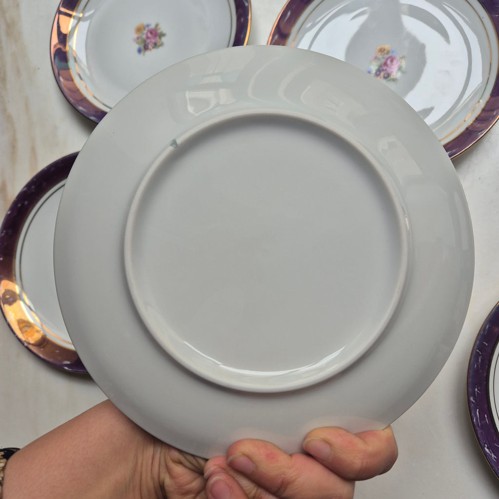 6x Antike Kuchenteller Blumendekor weiß mit lila Goldrand