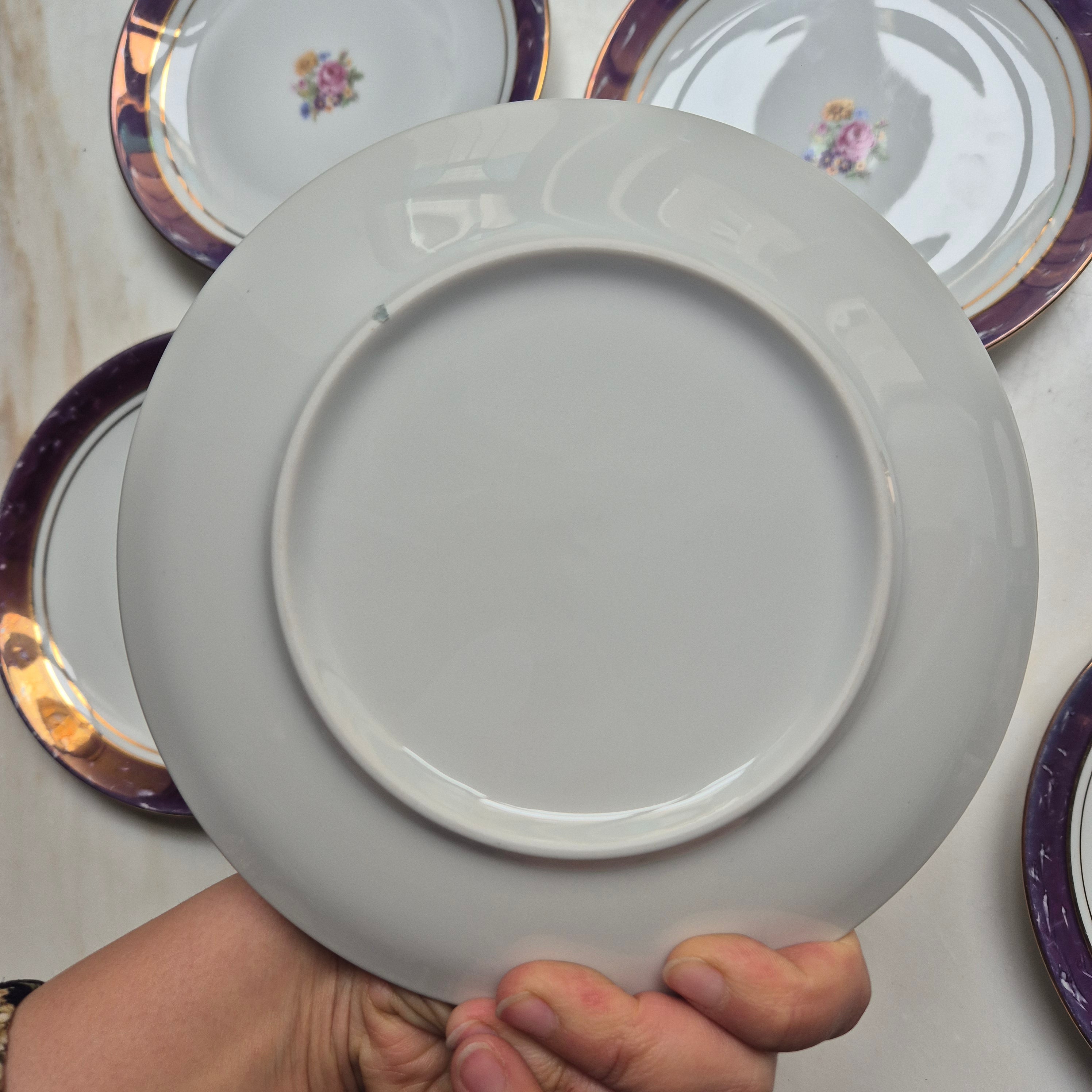 6x Antike Kuchenteller Blumendekor weiß mit lila Goldrand
