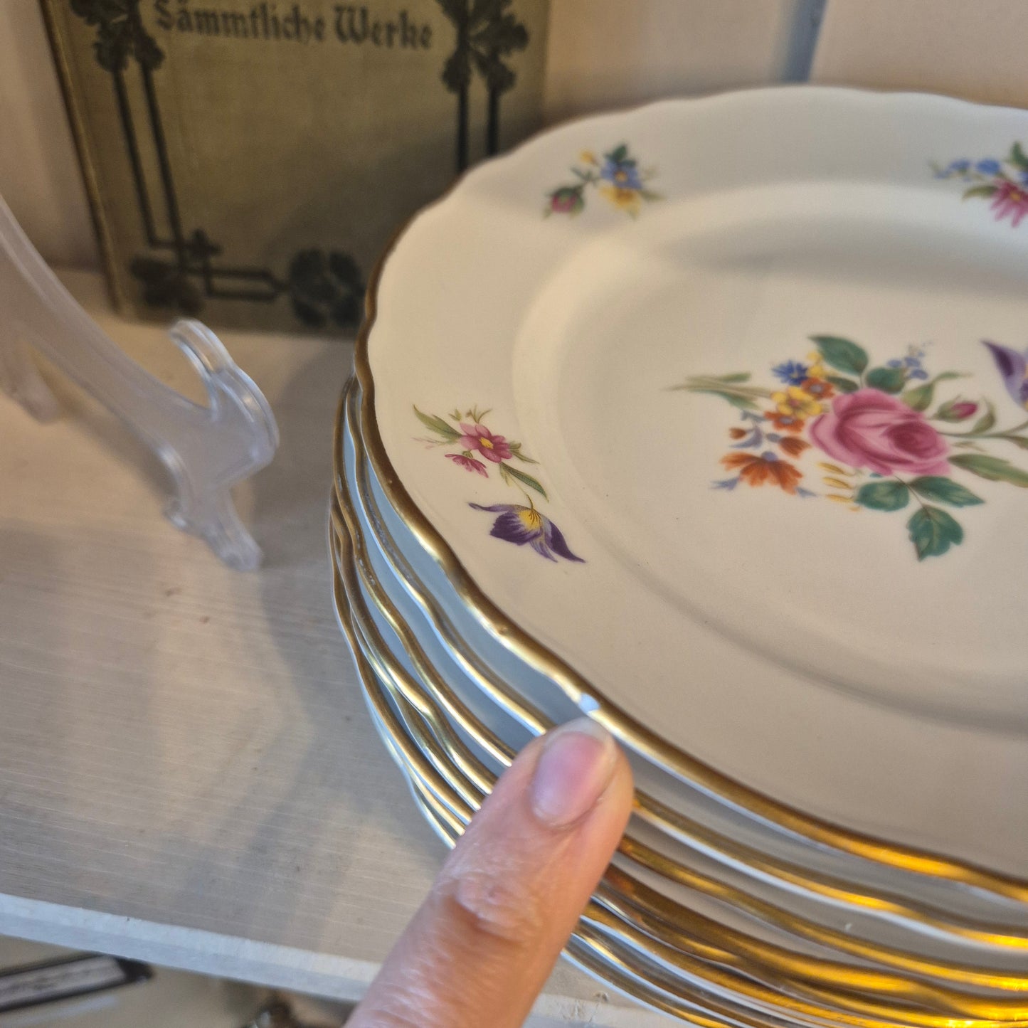 9x Antike Bavaria Porzellan Kuchenteller mit Blumenmotiv Goldrand