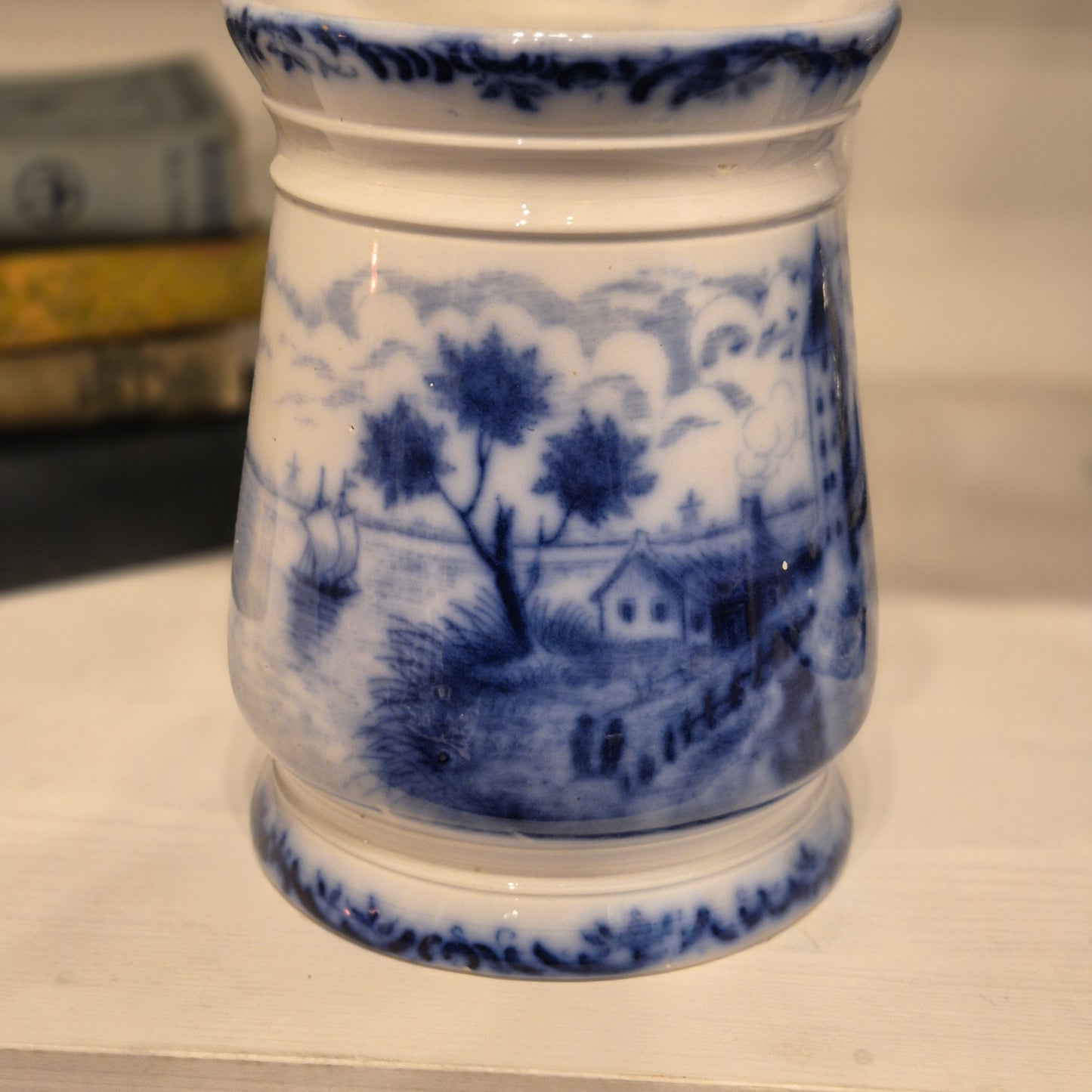 Antike H.H & Cie Delft Vorratsdose ohne Deckel blau weiß 120Jahre alt Kochlöffelhalter Aufschrift "Sago."