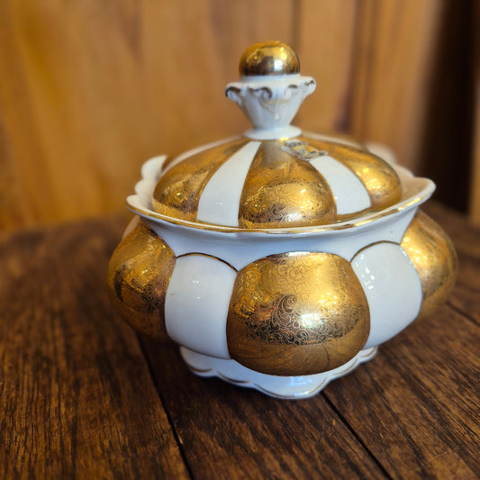 Große Antike Alka Kunst Kronach Marion Deckeldose Porzellan Zuckerdose Keksdose Gold Weiß