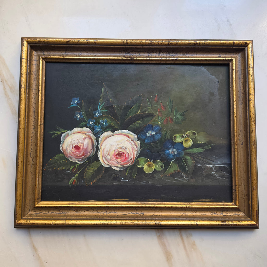 Vintage Ölgemälde Floral Stillleben mit vergoldetem Holzrahmen