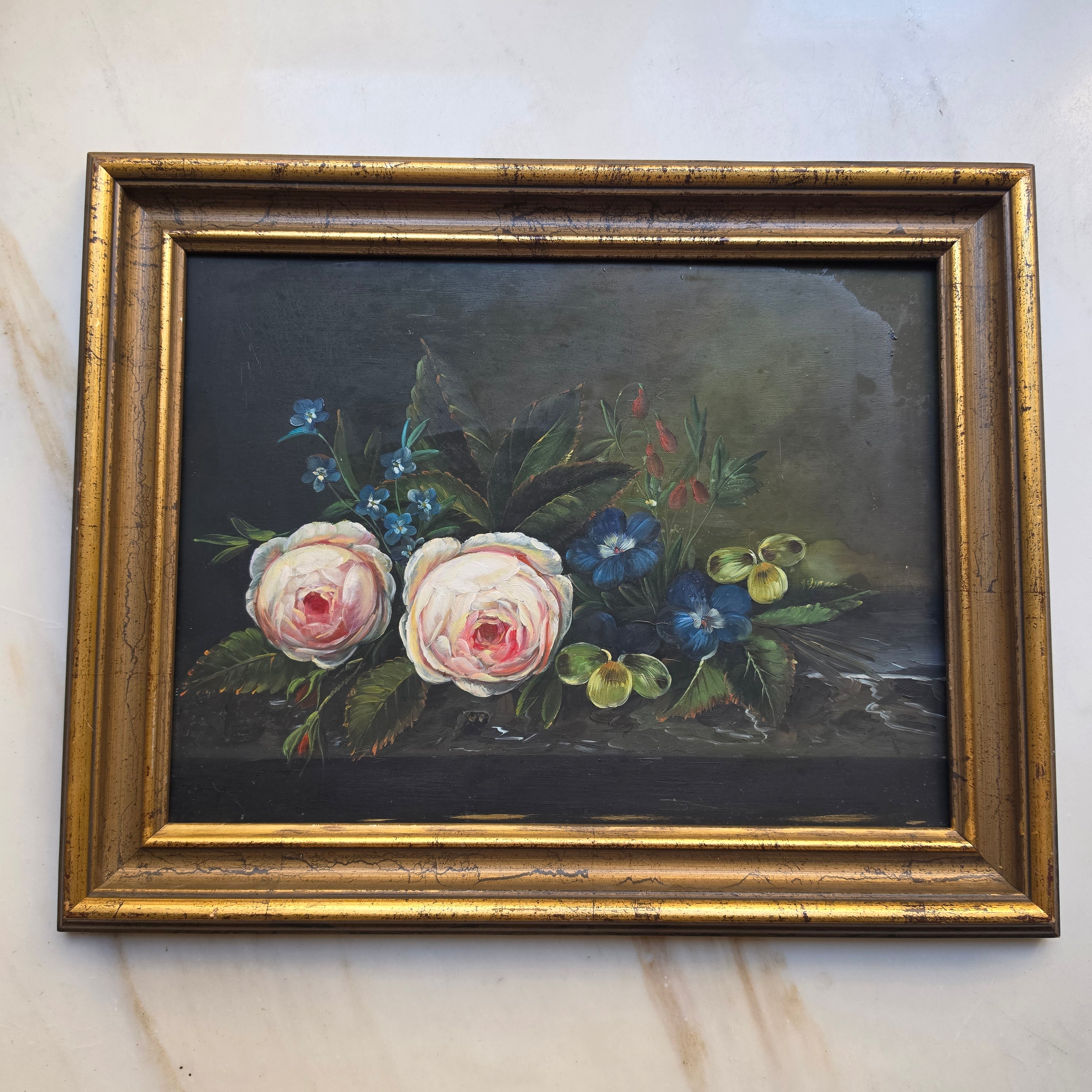Vintage Ölgemälde Floral Stillleben mit vergoldetem Holzrahmen