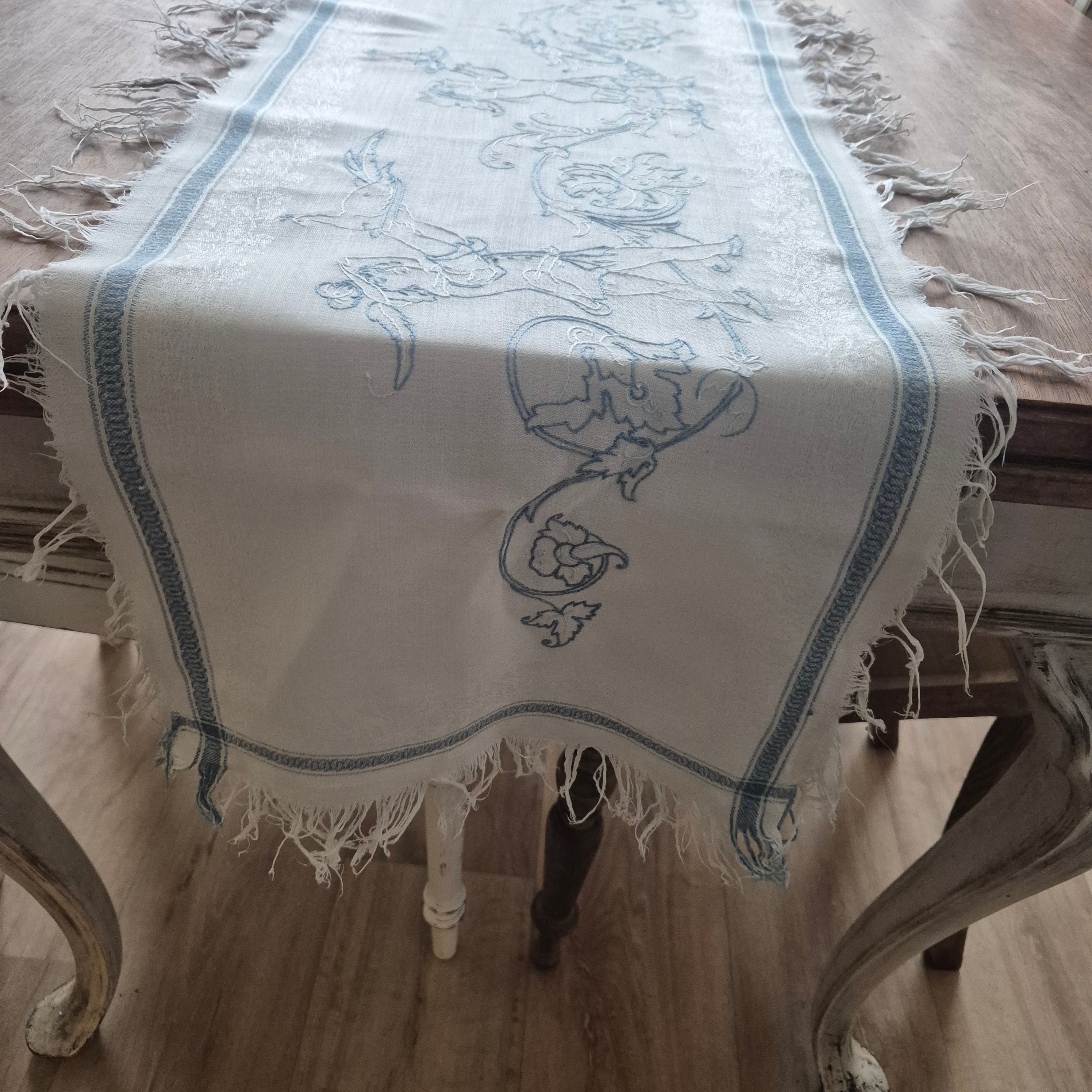 Antiker Baumwolle Tischläufer handbestickt mit mini Fleck! 32x170cm blau weiß