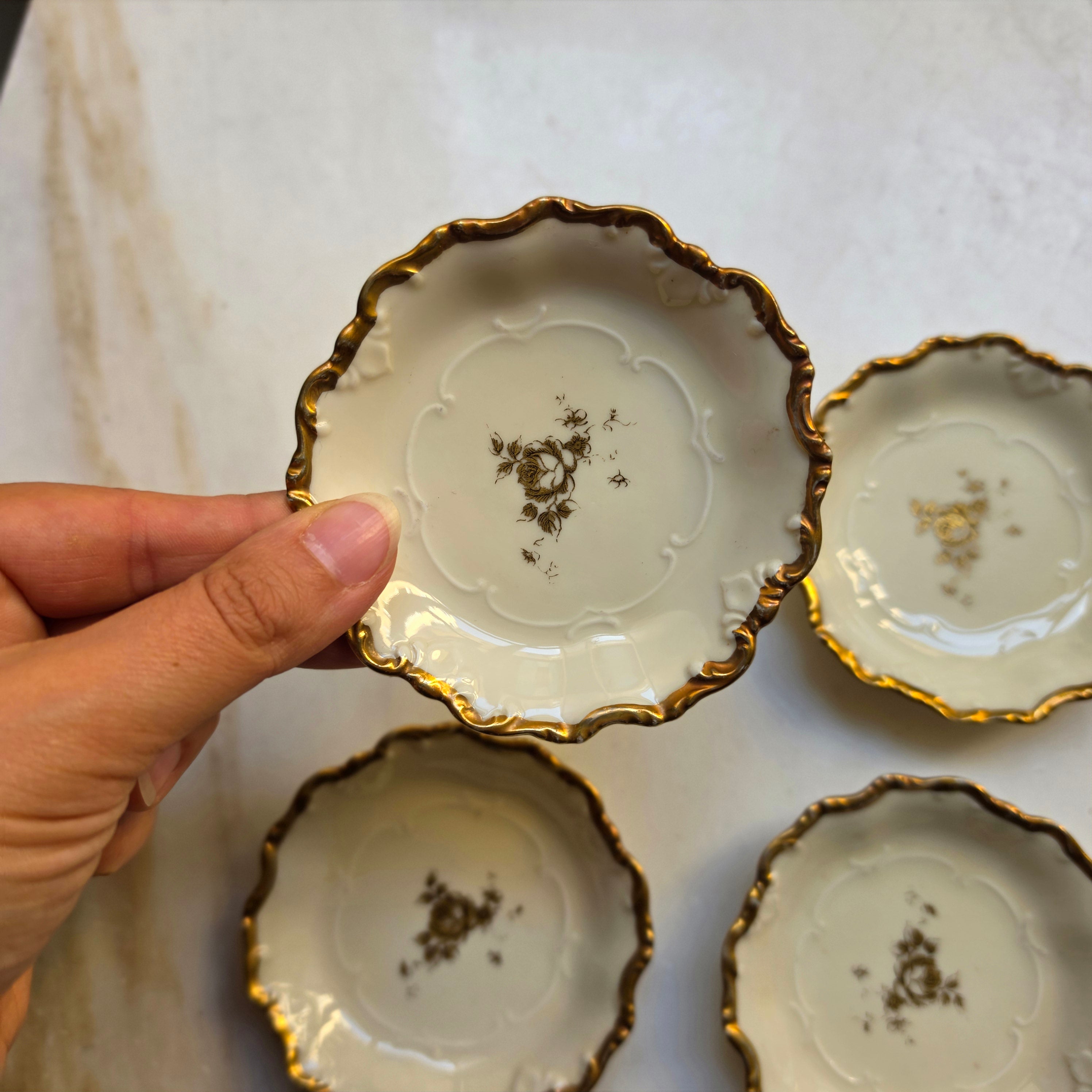 4er-Set Vintage Konfektschälchen / Pralinenteller – Porzellan Schönwald Bavaria mit Goldrand