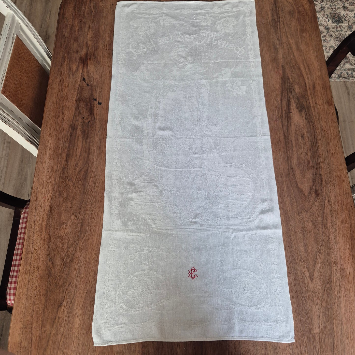 Antikes Jugendstil Küchen-&Geschirrtuch mit Spruch: "Edel sei der Mensch,hilfreich und gut" Damast weiß Baumwolle 46x100cm