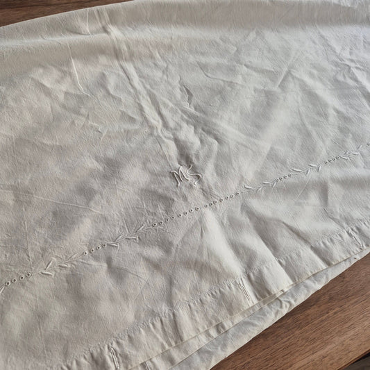 Antikes Bettlaken/Bettüberwurf Baumwolle mit Monogramm M.S. 150x235cm weiß
