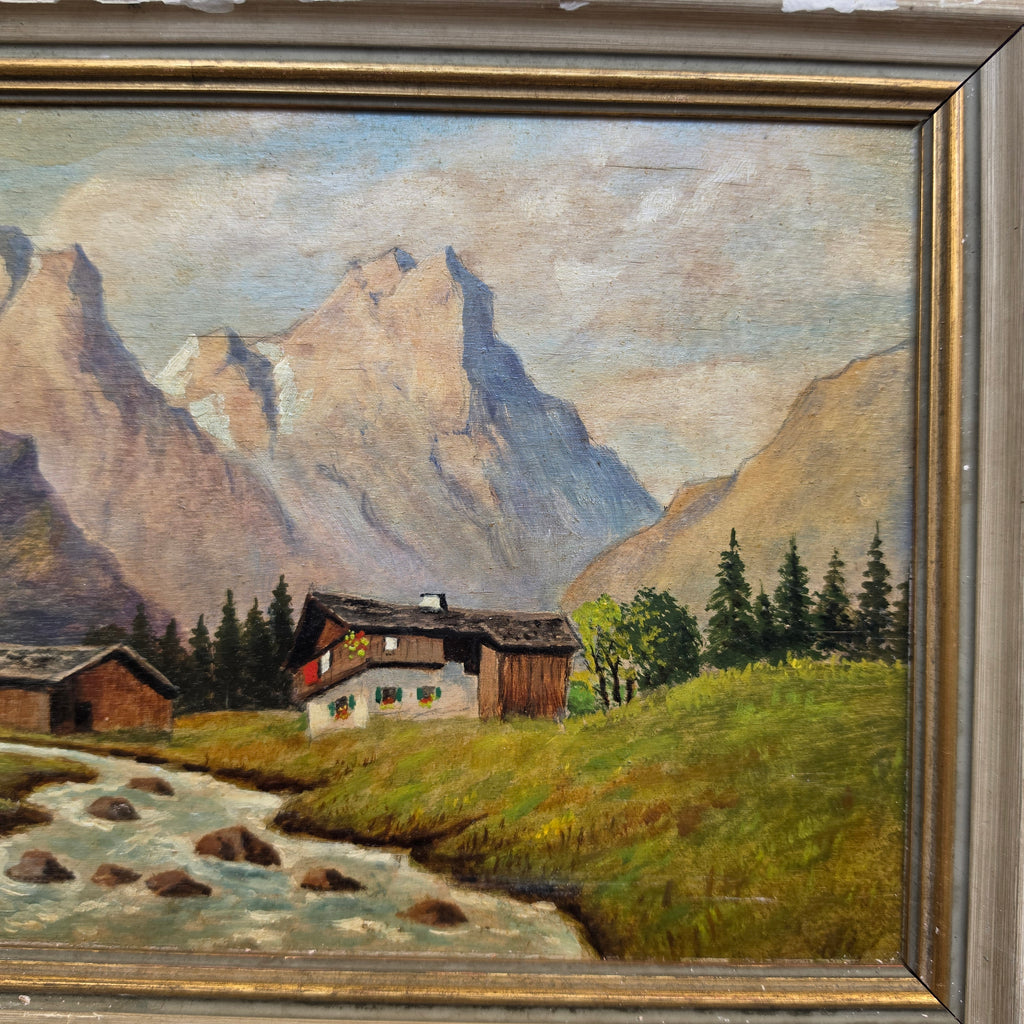 Antikes Ölgemälde „Alpenlandschaft mit Bergdorf & Bachlauf“ im rustikalen Vintage-Holzrahmen