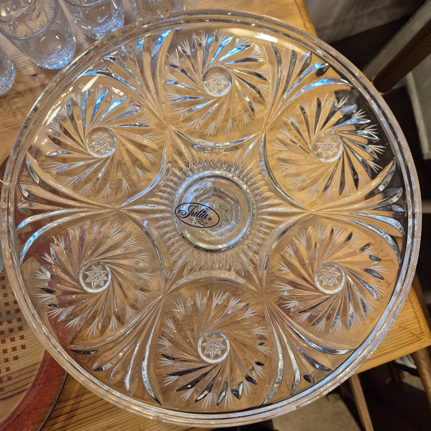Vintage Bleikristall Kuchenplatte/Tortenplatte Ständer mit Fuß 60er Jahre mit Muster Ornamenten