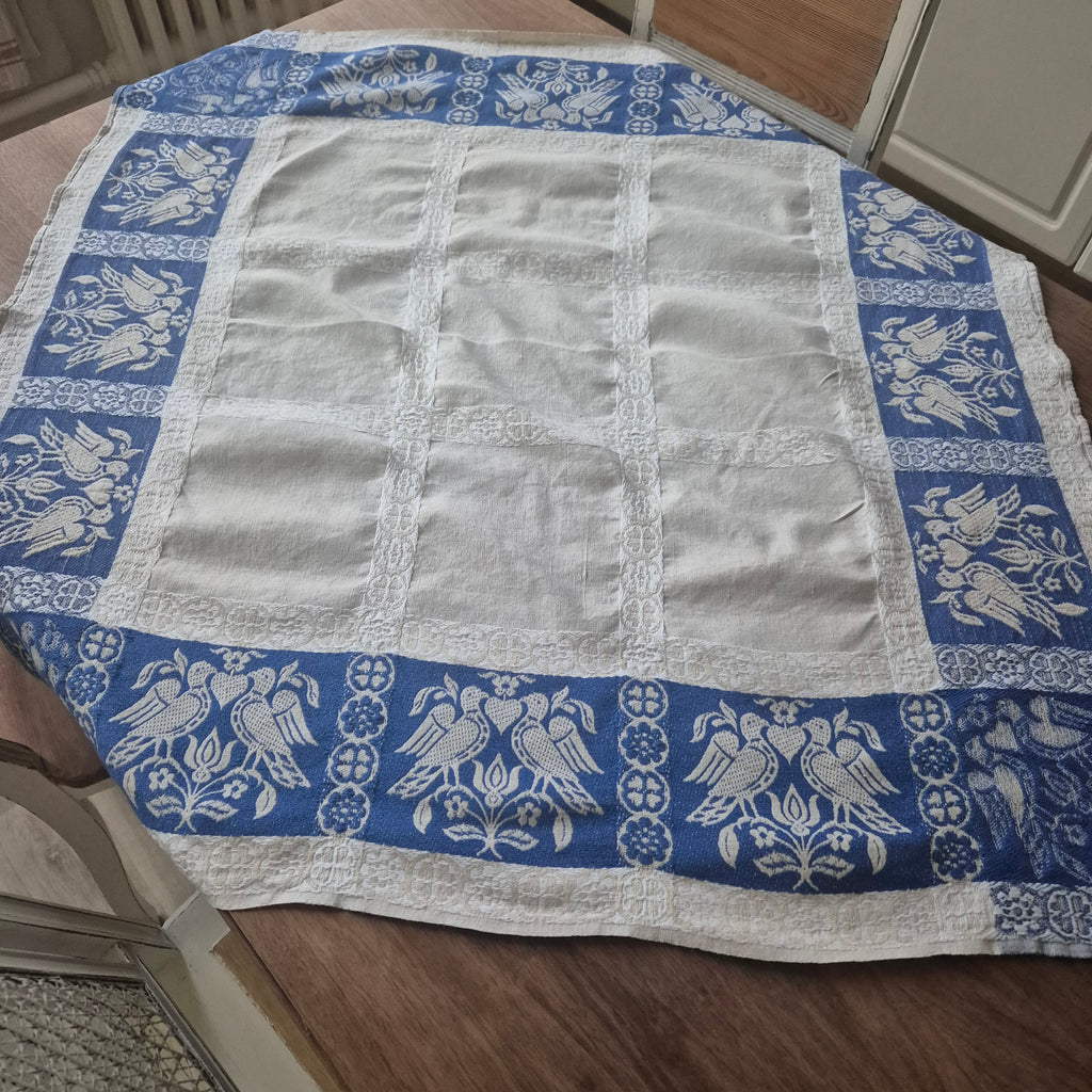 Antikes Jugendstil blau weißes Leinen Tuch Tischdecke Tauben Liebe 93x93cm