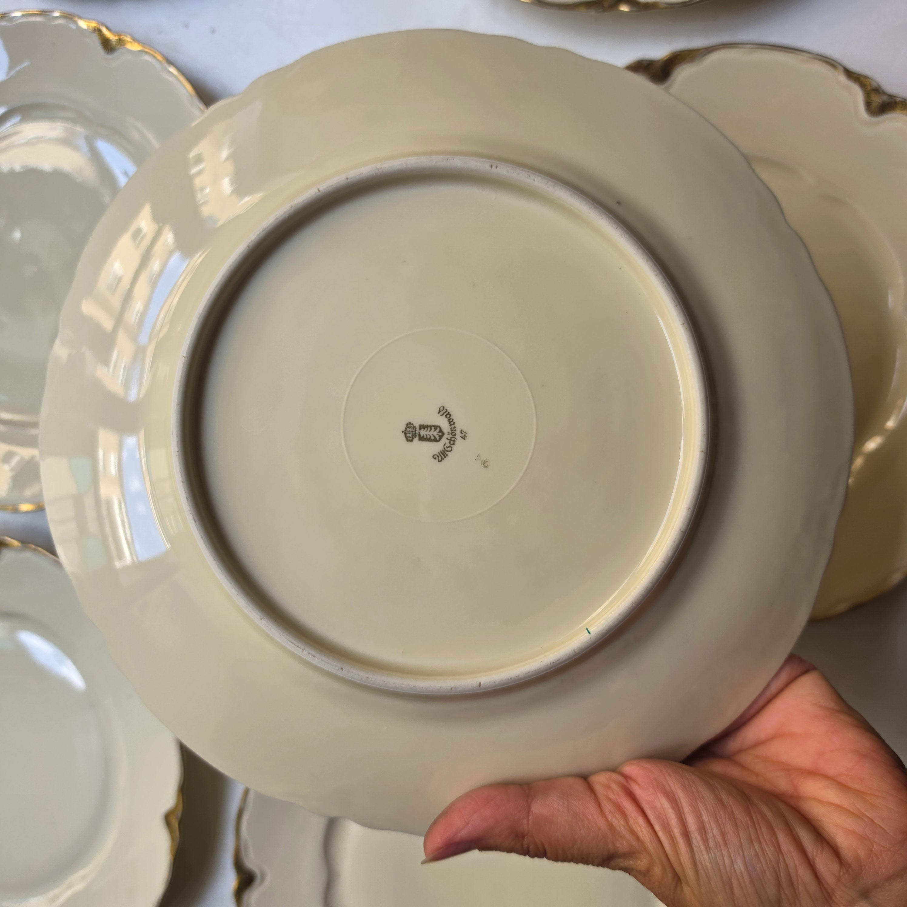Antike Schönwald Porzellan-Essteller mit Goldrand & Muschelrelief (9er-Set) – Elfenbein/Creme (Kopie)