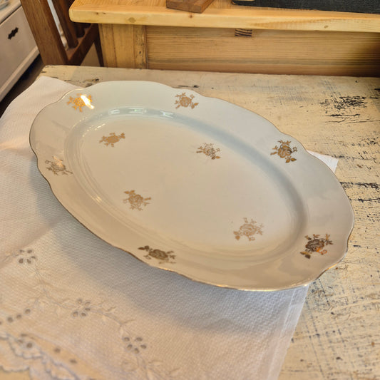 Antike Ovale Porzellan Servierplatte * Brocante * Vintage * Reinecke gold weiß