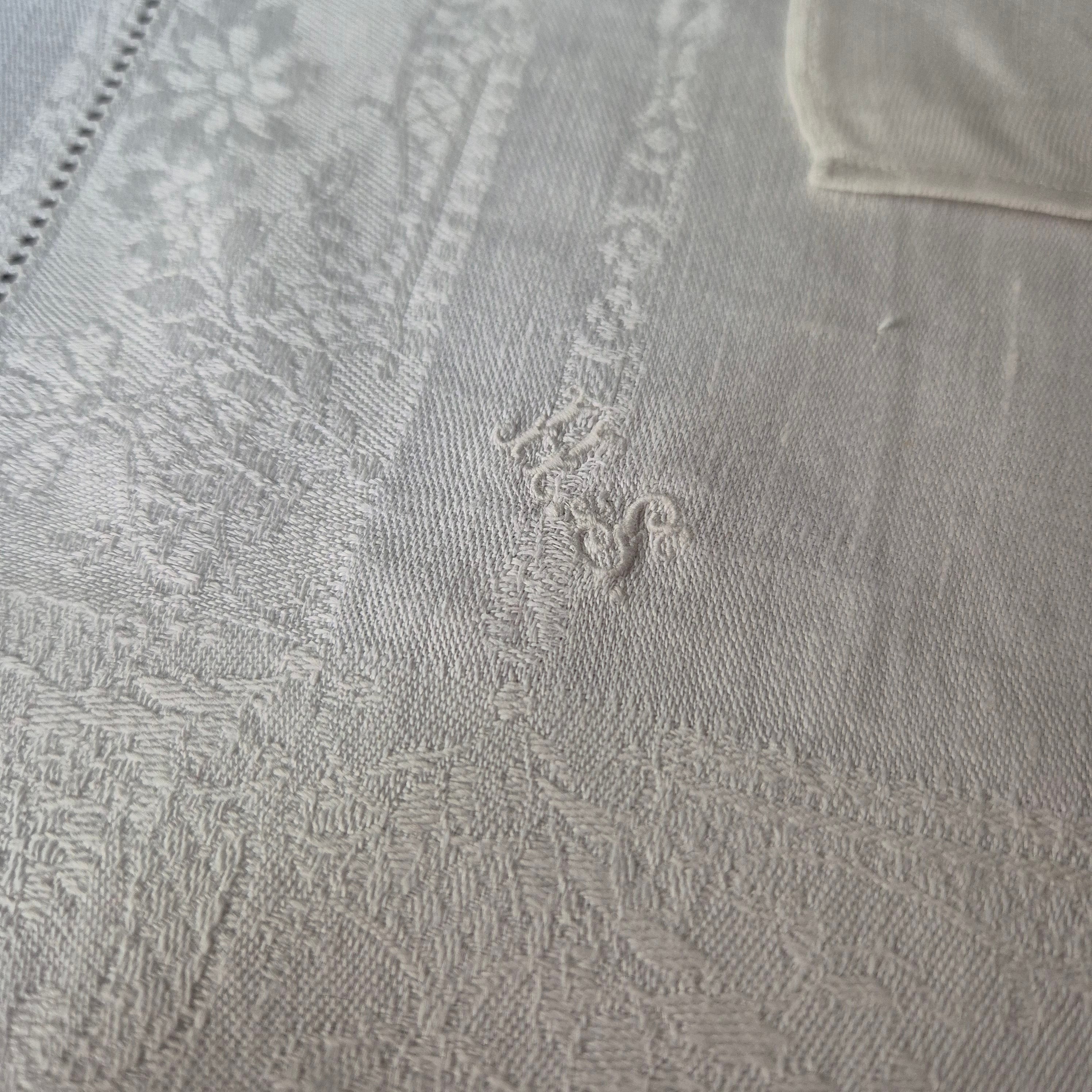 4x Antike Jugendstil Servietten mit Monogramm H.S Damast Baumwolle weiß 35x35cm
