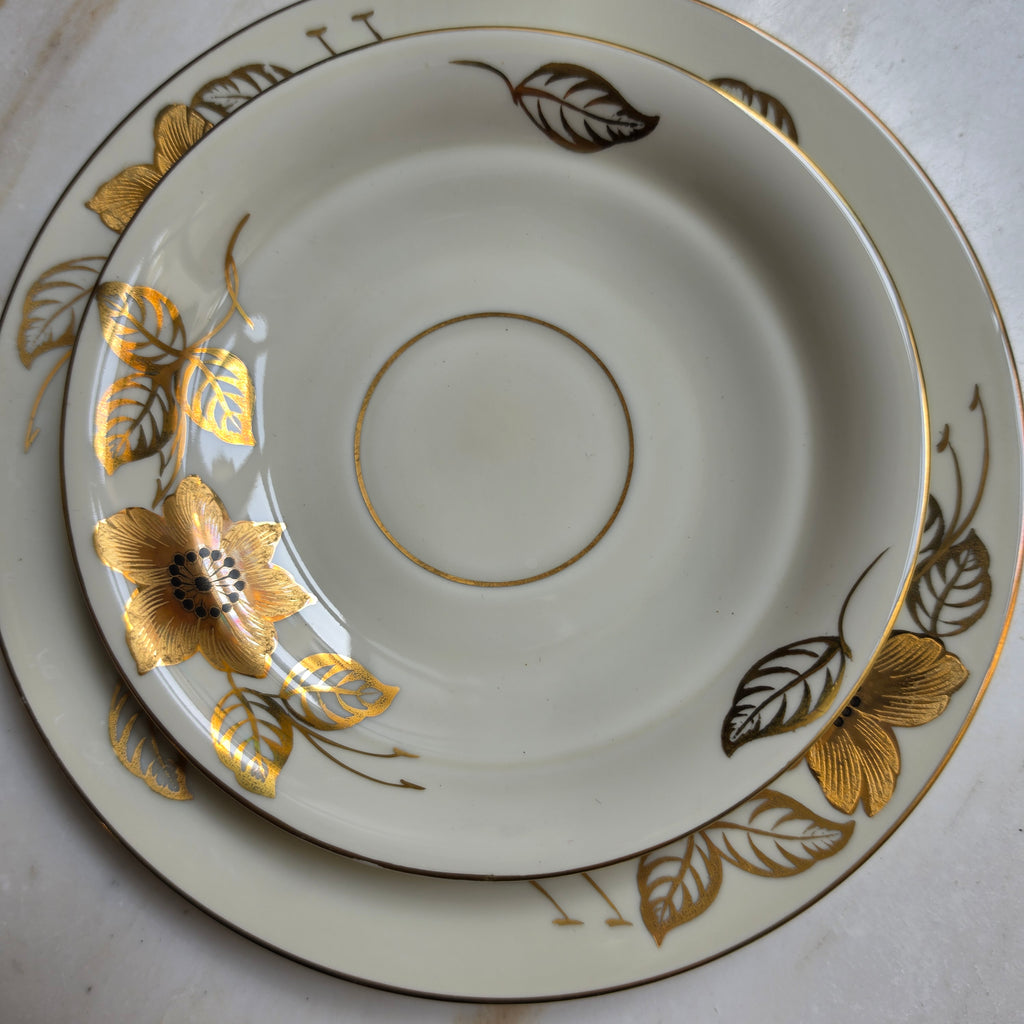 Vintage Alka-Kunst Kronach Kaffeegedeck 3-teilig – Goldblumen & Elfenbein-Porzellan (ca. 1950er)