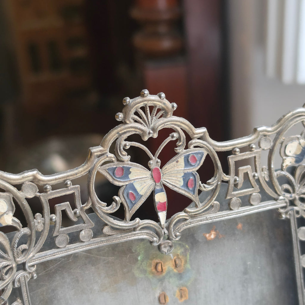 Antiker Bilderrahmen aus Metall mit Schmetterling- & Blüten-Emaille (Jugendstil / Art Nouveau)