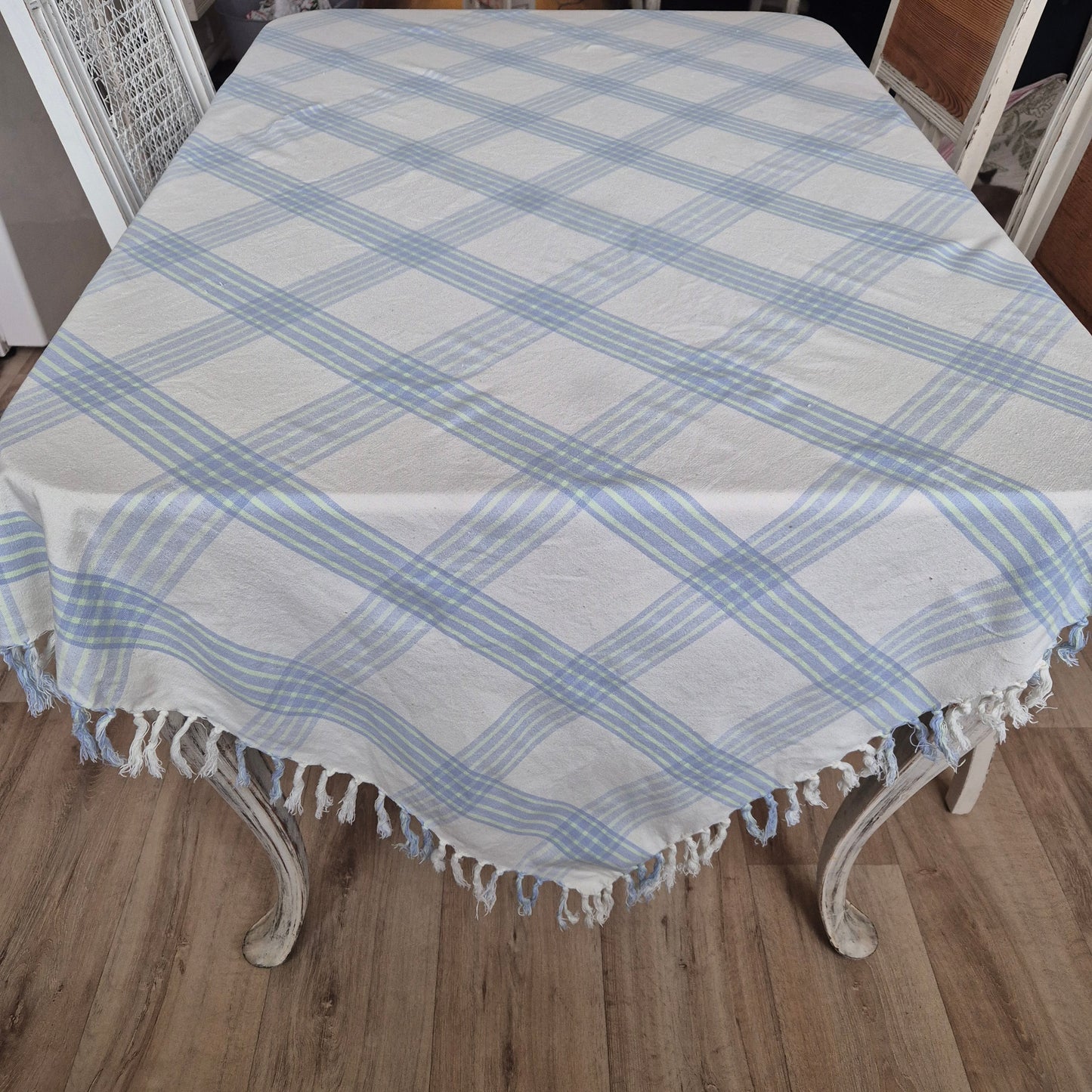 Vintage Karo Tischdecke grün blau Baumwolle 165x165cm