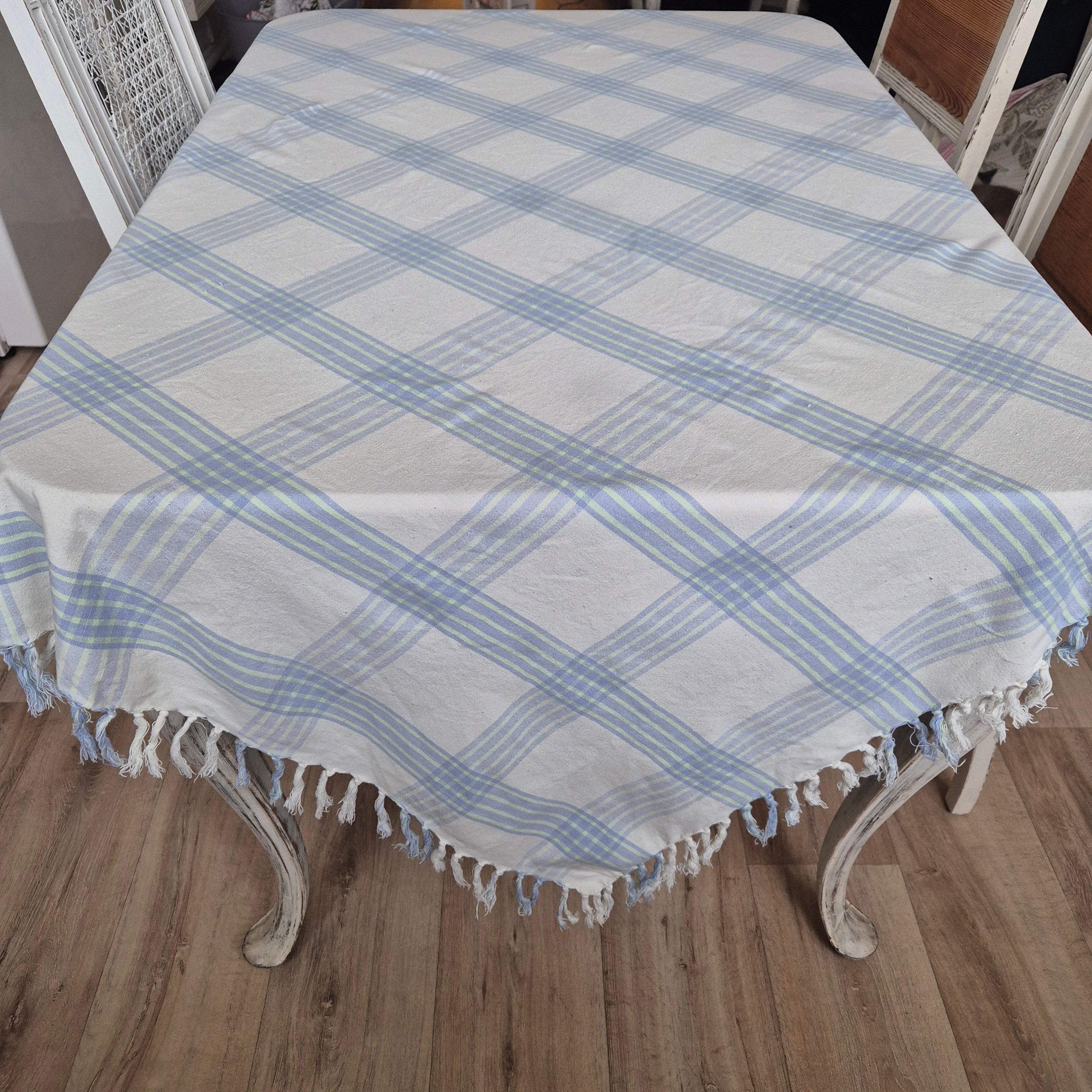 Vintage Karo Tischdecke grün blau Baumwolle 165x165cm