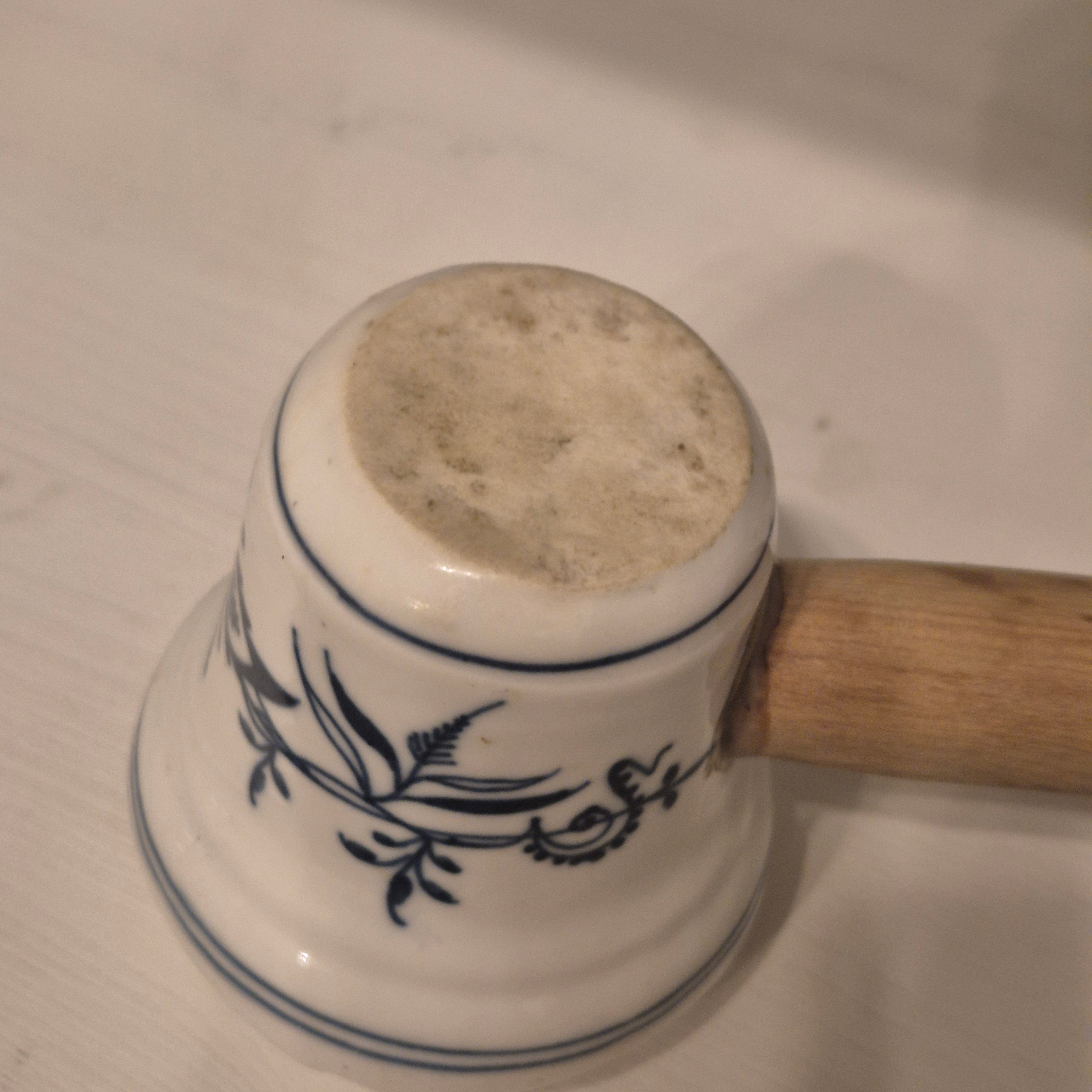 Antiker Fleischhammer Porzellan Holzgriff Blau Weiß Zwiebelmuster Küchendeko