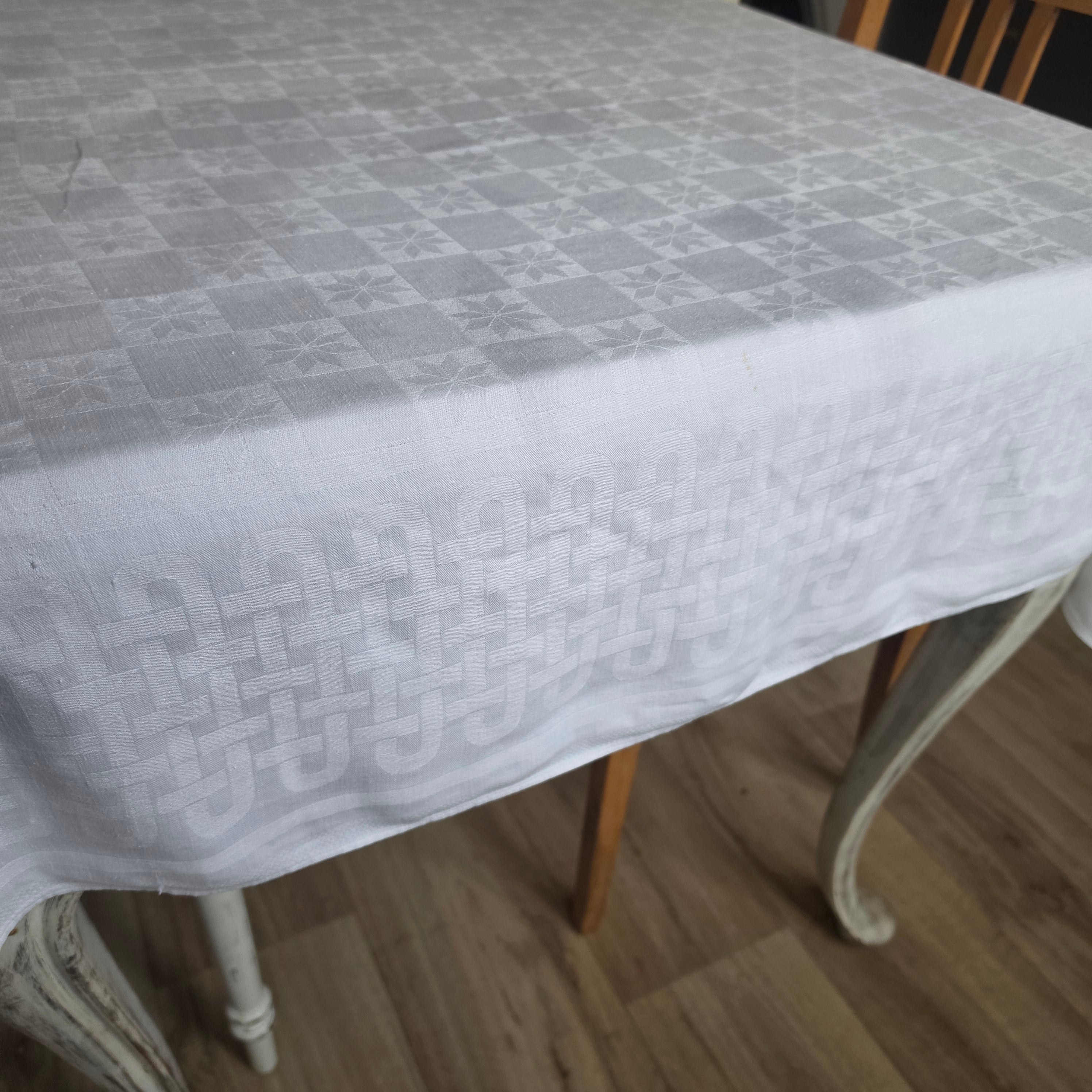 Antike Damast-Tischdecke 135x175cm - weiß - Monogramm M.S.