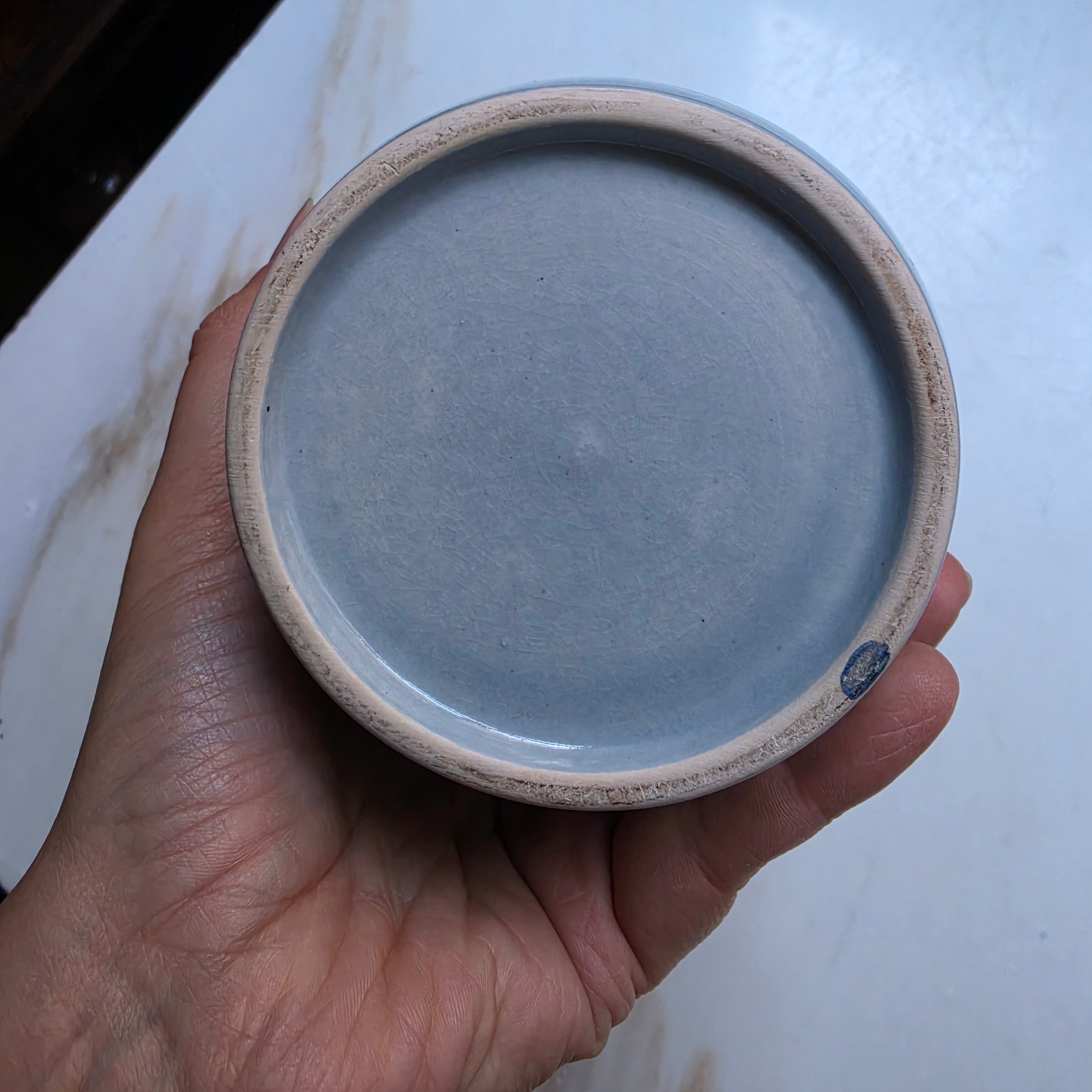 Alter Steinzeug Topf Grau Blau Handbemalt