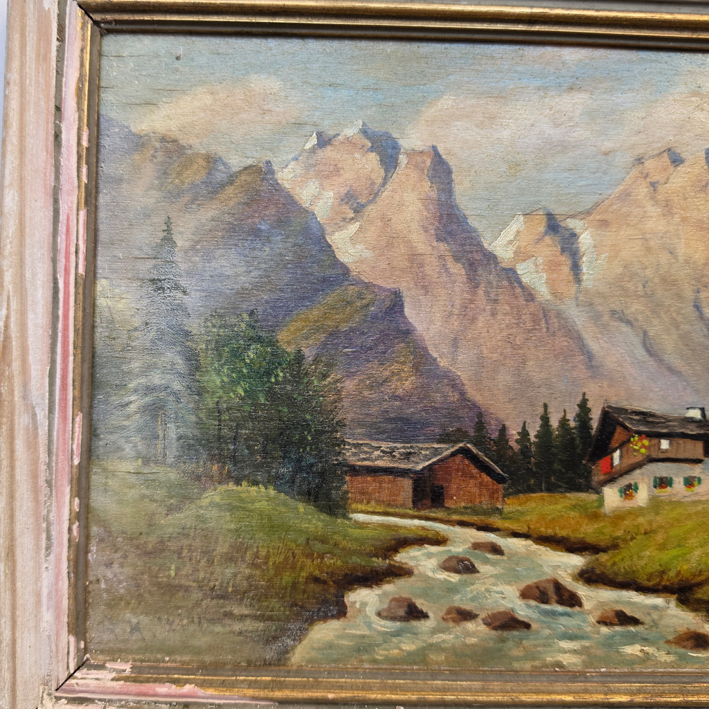Antikes Ölgemälde „Alpenlandschaft mit Bergdorf & Bachlauf“ im rustikalen Vintage-Holzrahmen