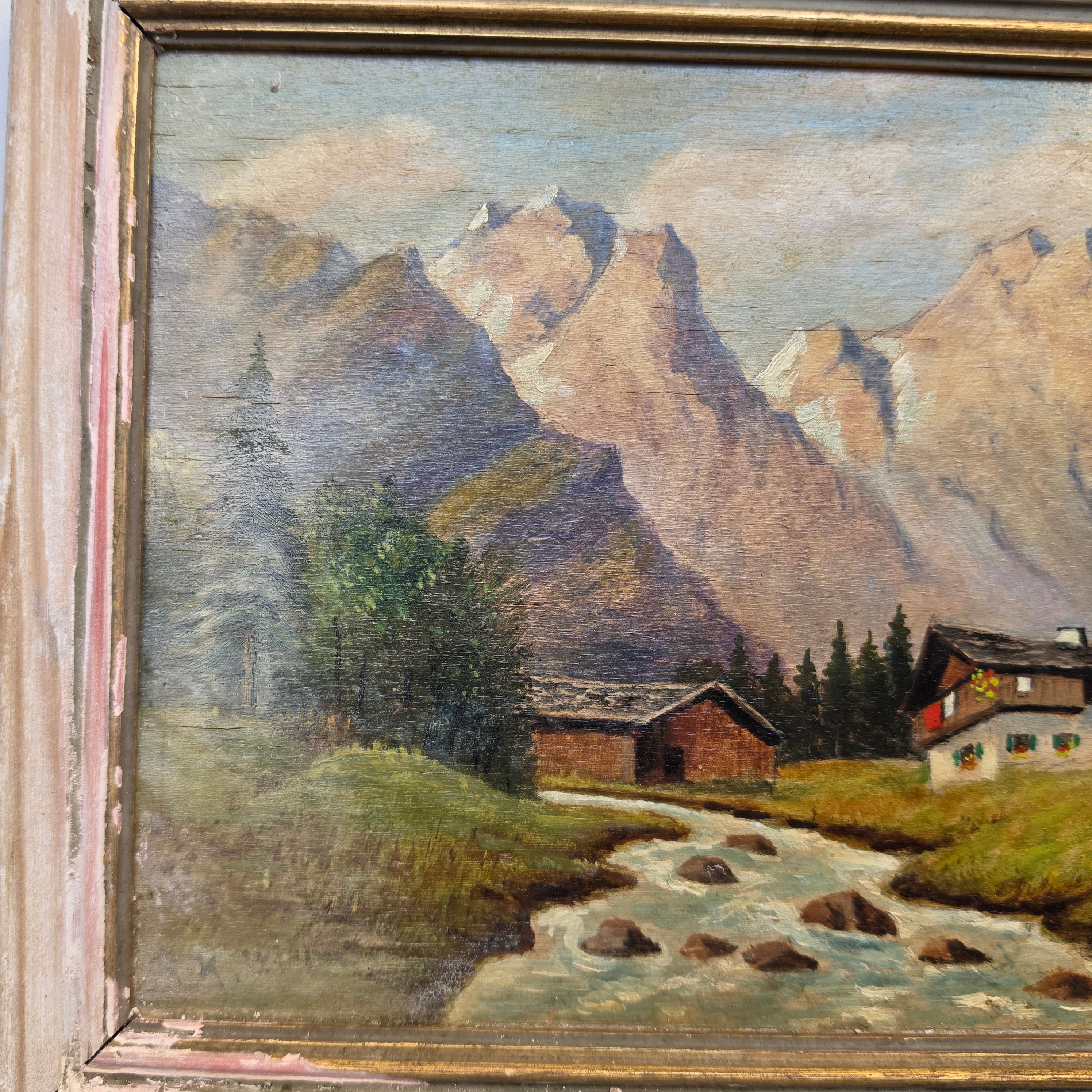 Antikes Ölgemälde „Alpenlandschaft mit Bergdorf & Bachlauf“ im rustikalen Vintage-Holzrahmen