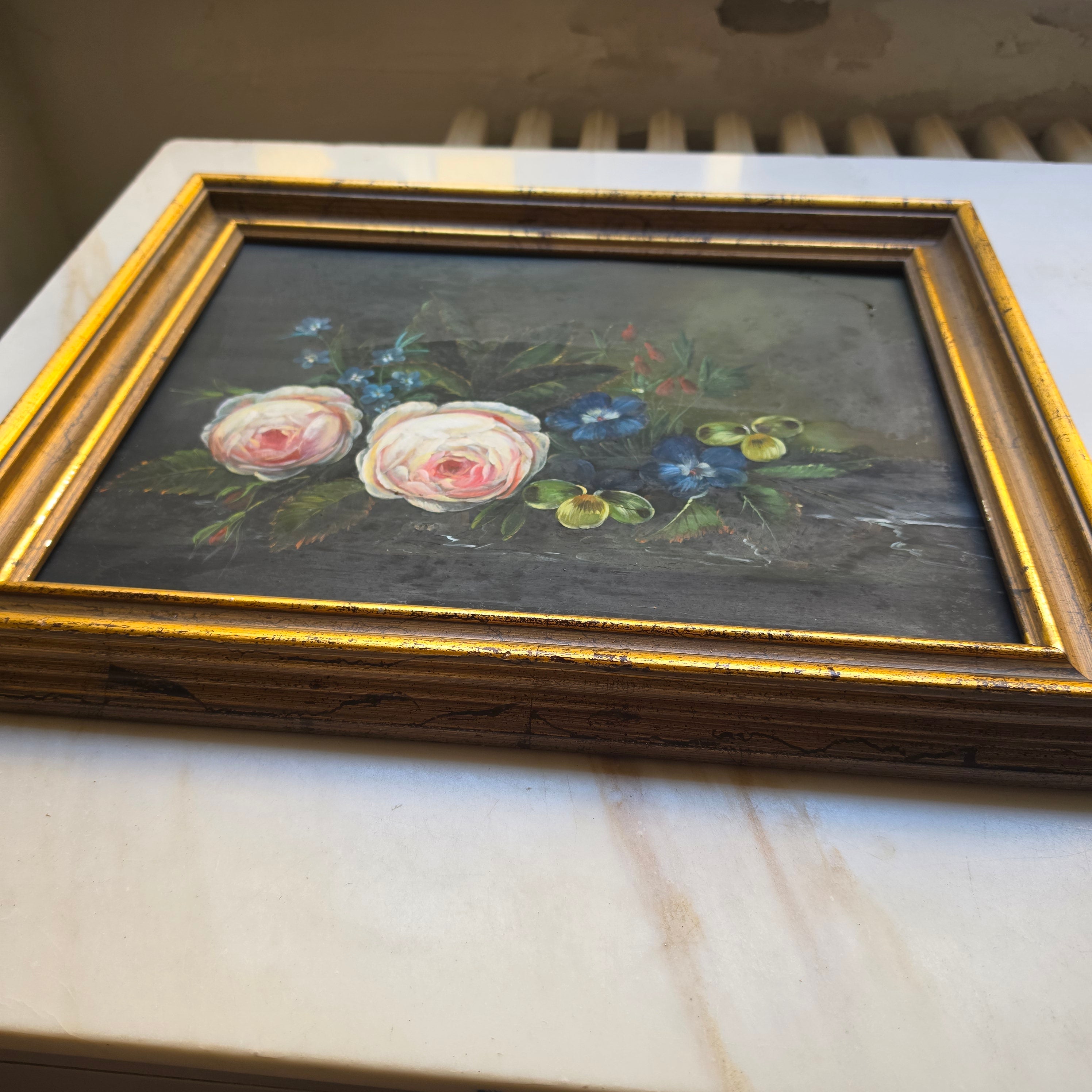 Vintage Ölgemälde Floral Stillleben mit vergoldetem Holzrahmen