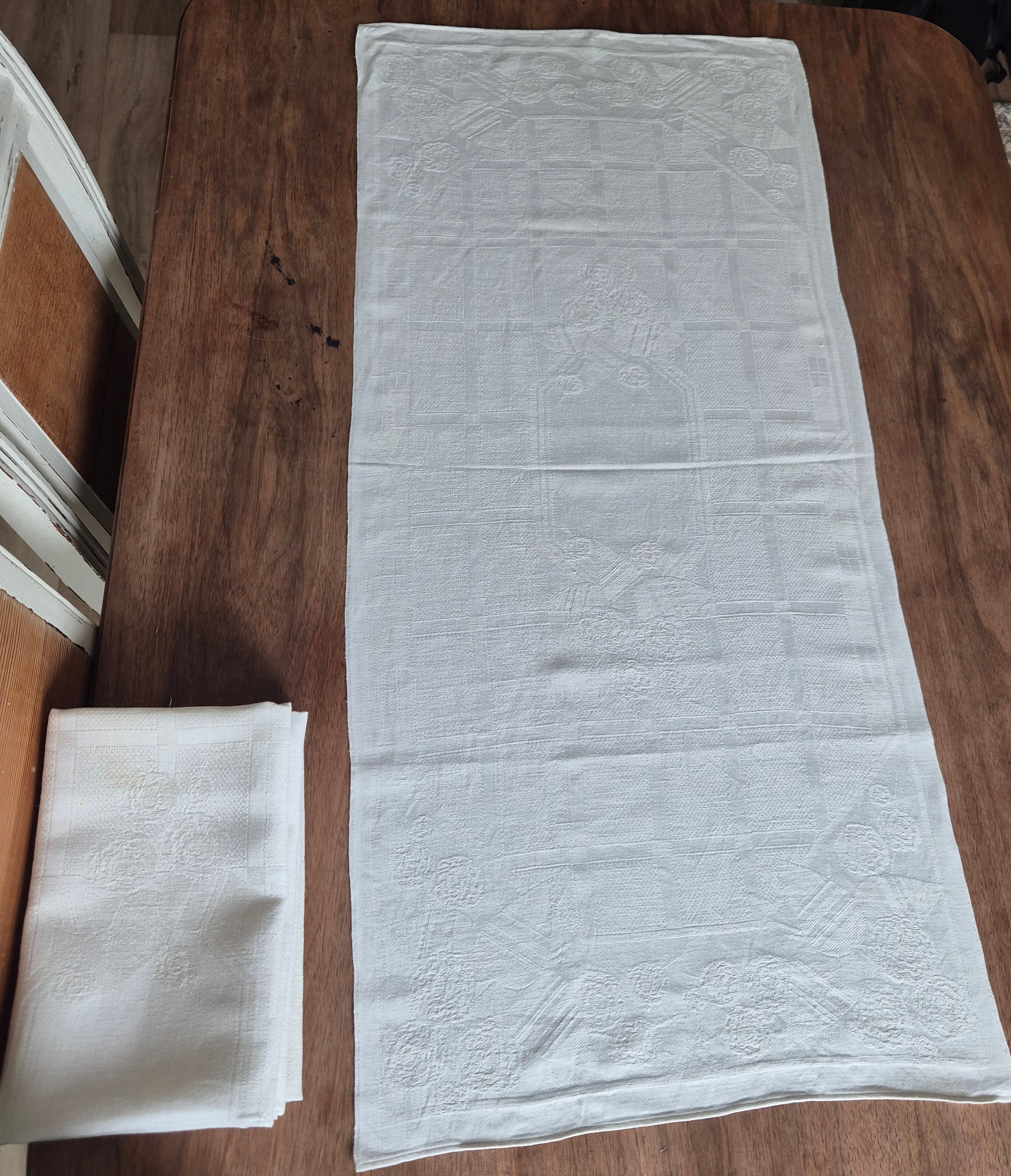 5x Antike Jugendstil Leinen Damast Küchen-&Geschirrtücher cremeweiß