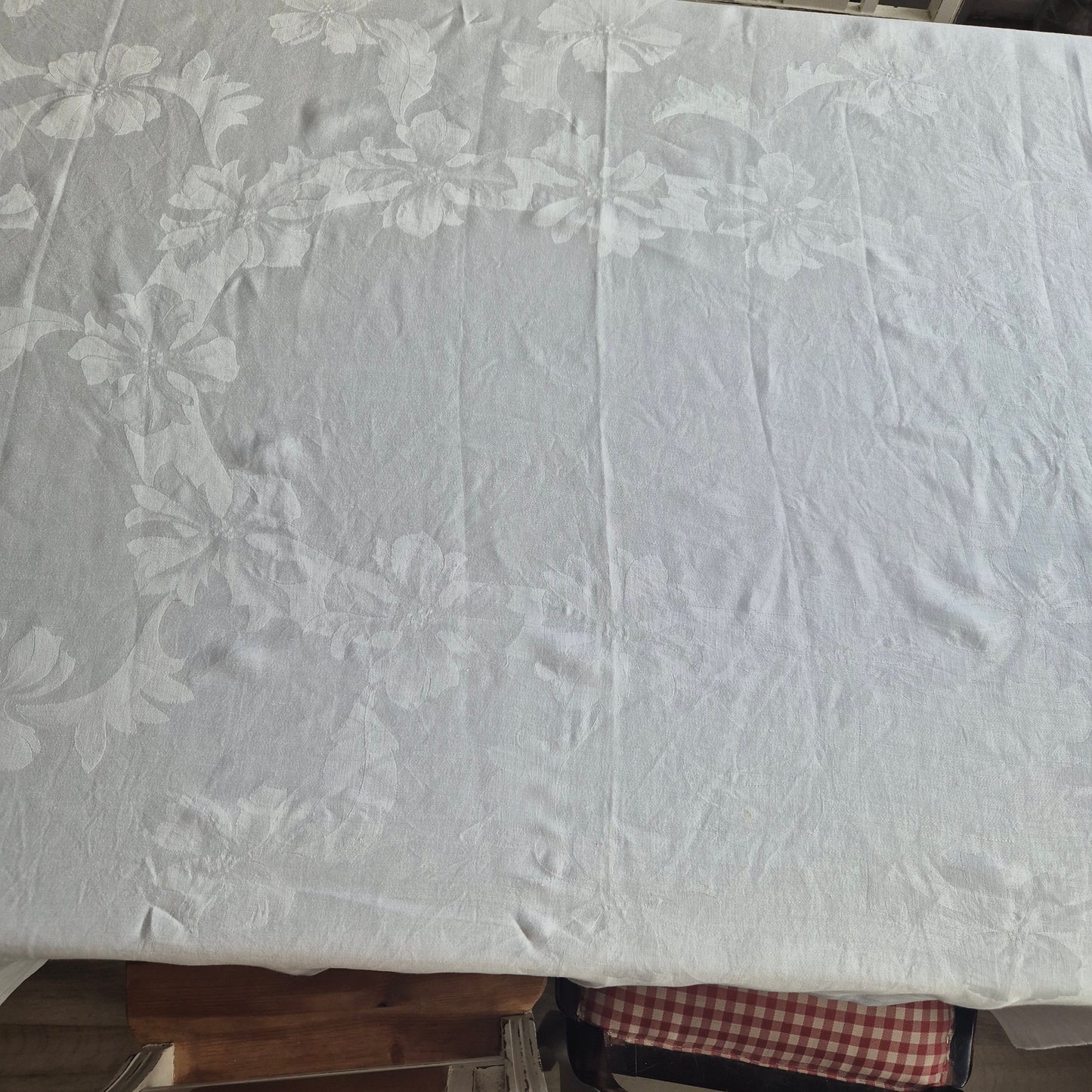 Antike Jugendstil Damast Baumwolle Tischdecke Weiß 135x170cm Schleifenmotiv Monogramm A.P.