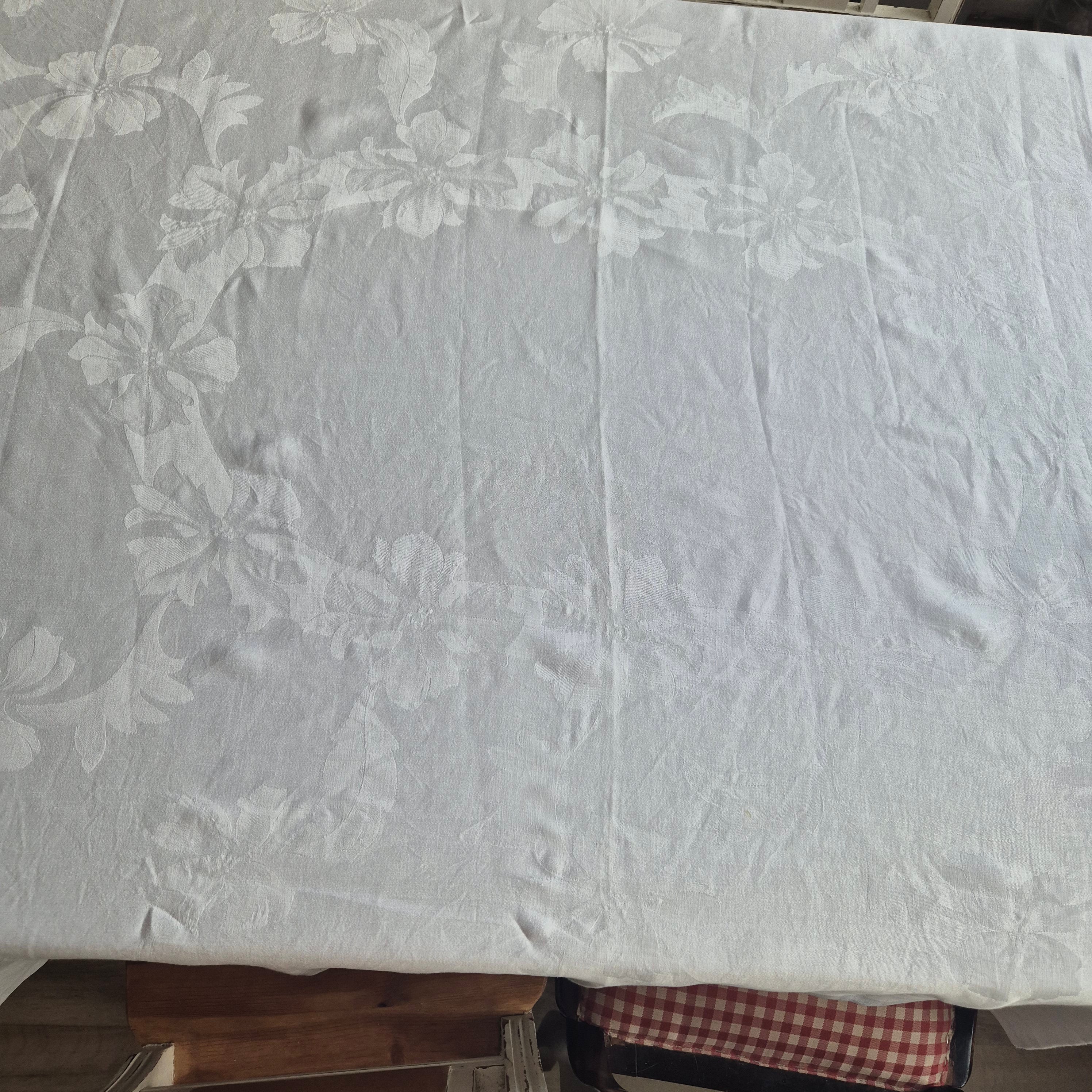 Antike Jugendstil Damast Baumwolle Tischdecke Weiß 135x170cm Schleifenmotiv Monogramm A.P.