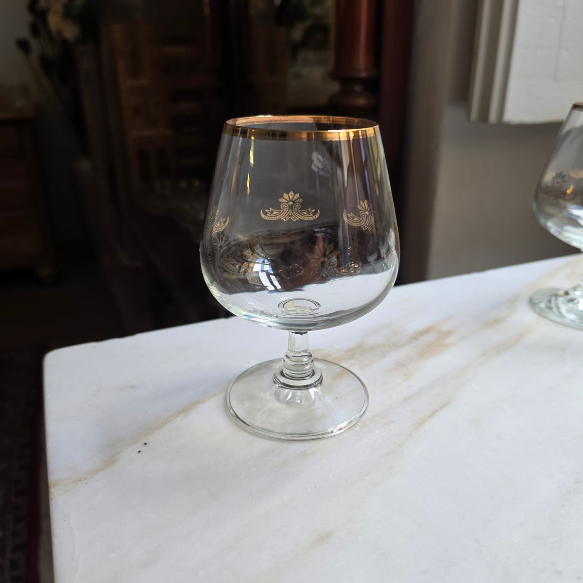 4x Vintage Cognacgläser - Schwenker Set mit Goldrand & Filigranem Ornament-Muster