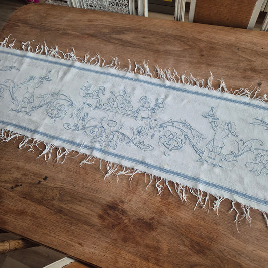 Antiker Baumwolle Tischläufer handbestickt mit mini Fleck! 32x170cm blau weiß