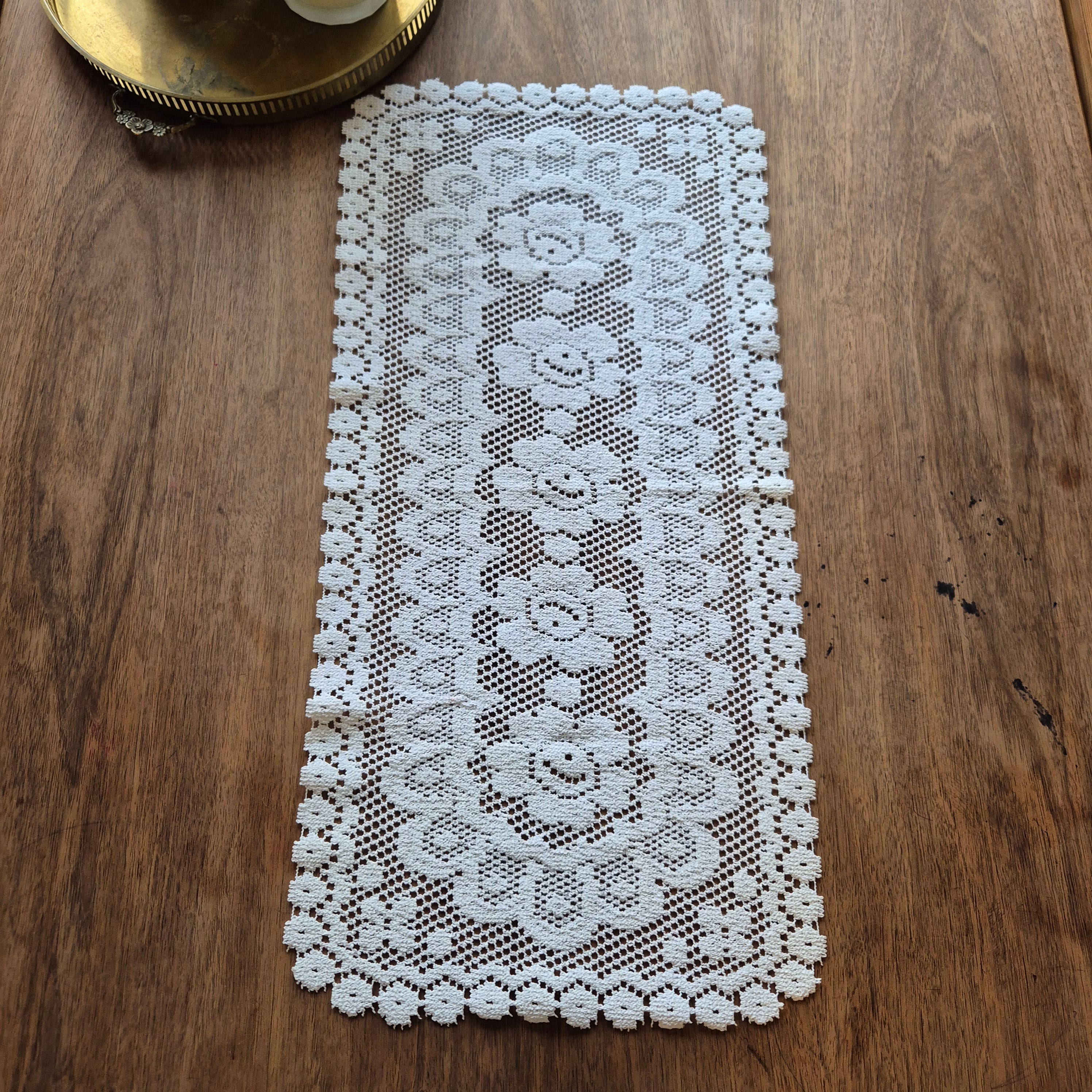Vintage Zierdeckchen / Läufer cremeweiß French 68cm x 32cm DDR Polyester ♡
