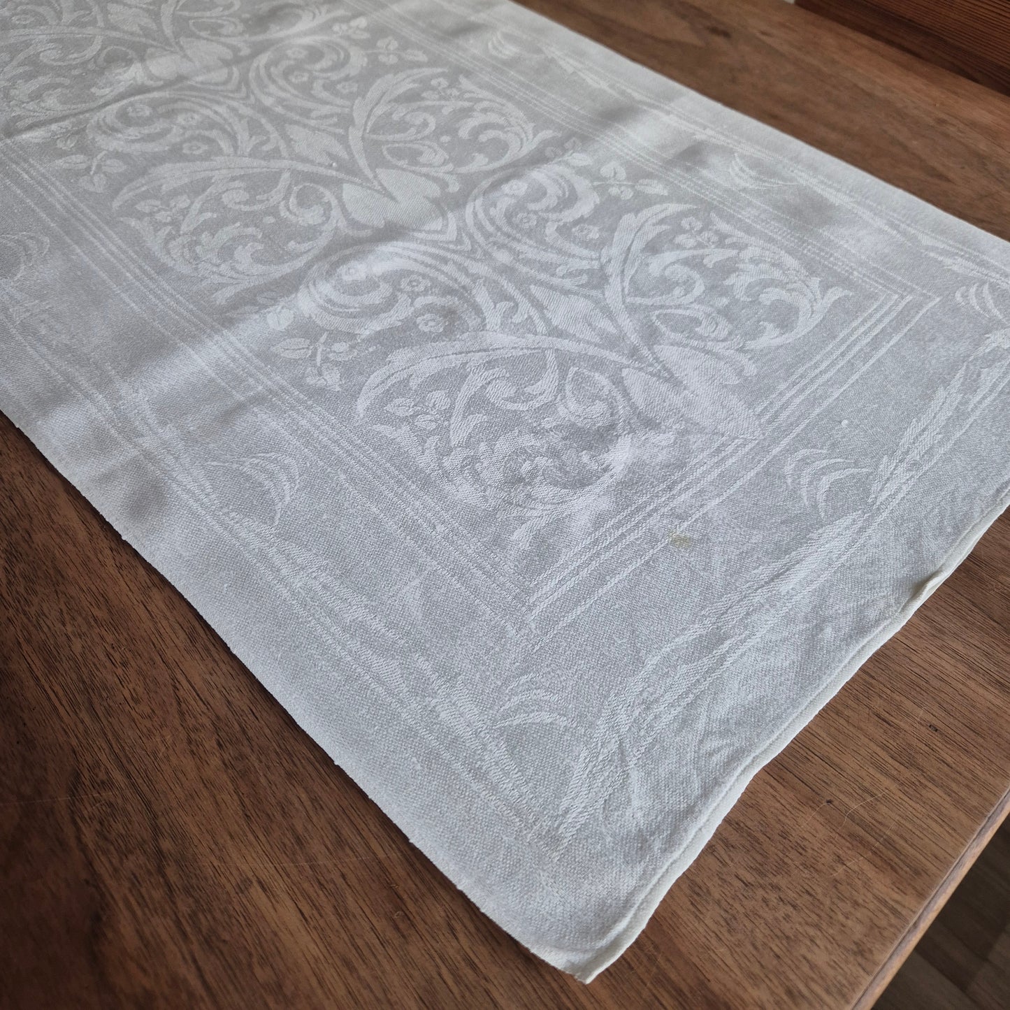 Antikes Jugendstil Küchen-&Geschirrtuch weiß Damast Baumwolle 108x47cm Ornamente