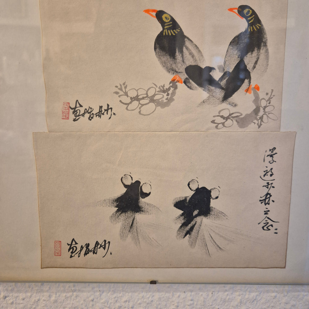3 kleine chinesische Tuschemalereien im Stil von Qi Baishi - Goldfische , Vögel, Frau sitzend