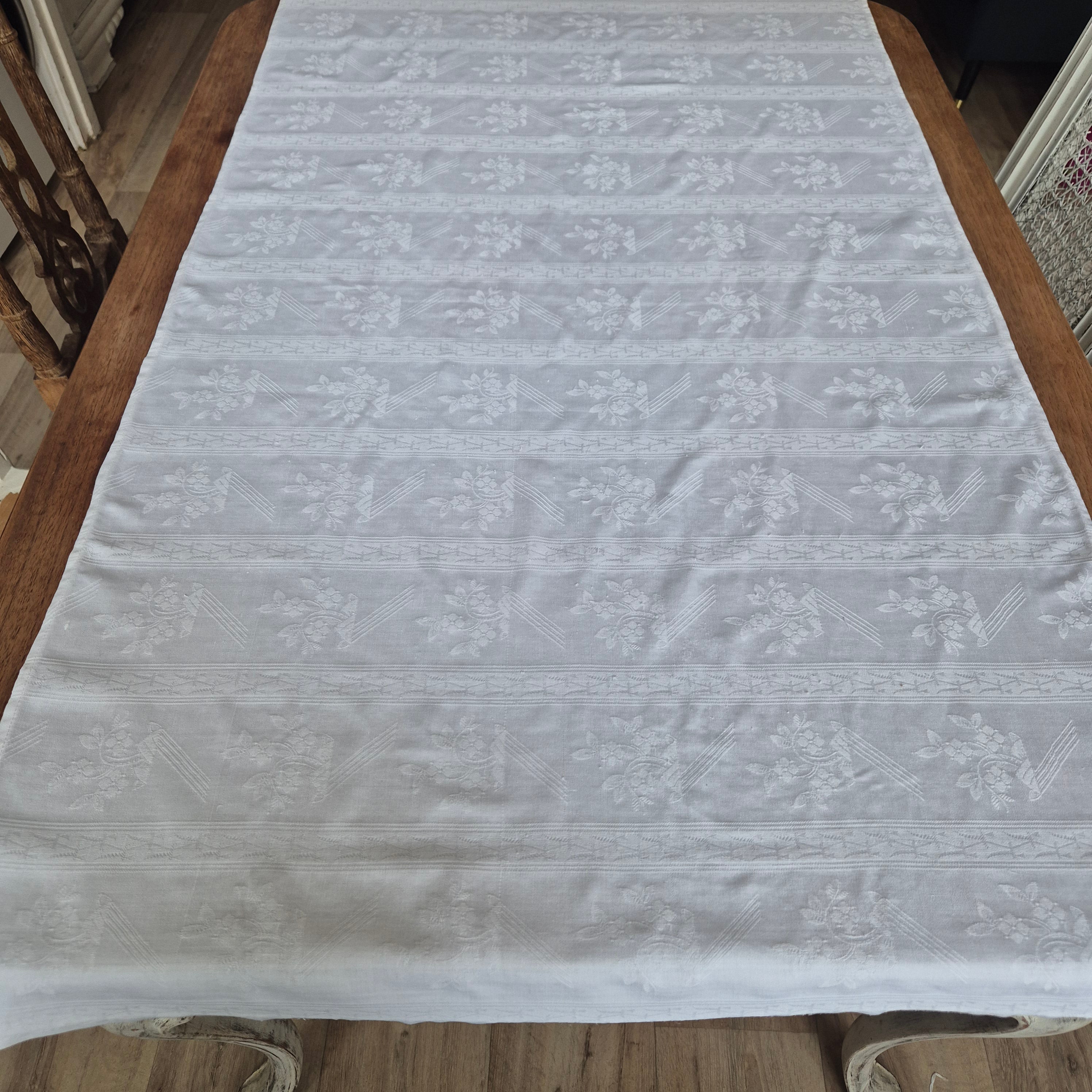 Vintage Tischdecke Tuch weiß 74x 130cm Damast weiß Baumwolle