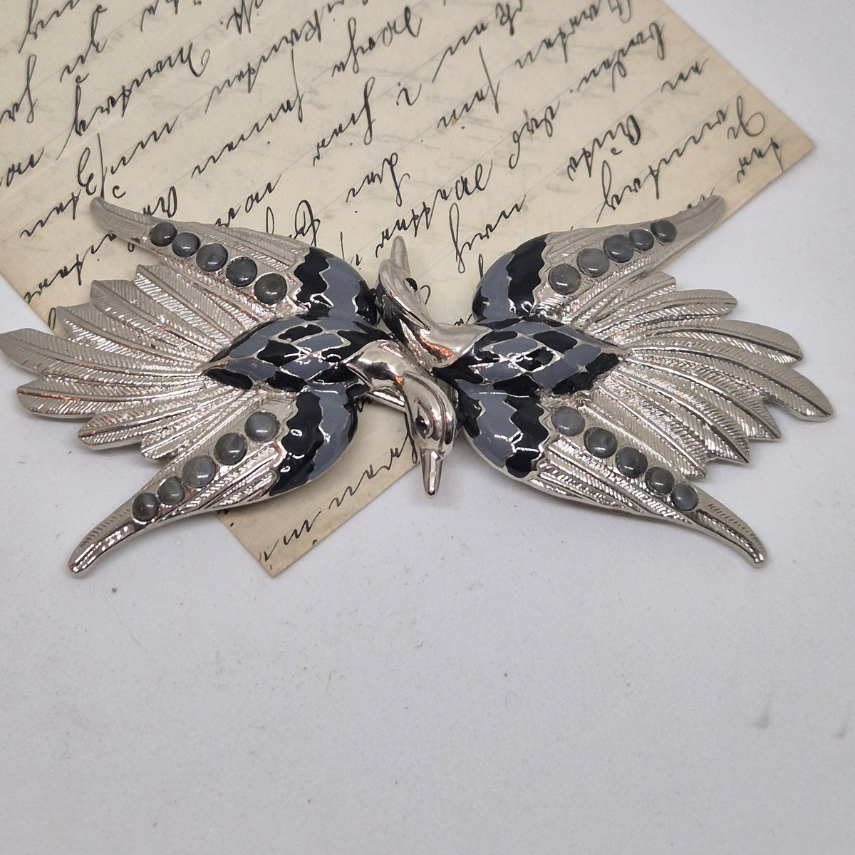 Vintage Gürtelschnalle 2-Teilig Trachtenschnalle Taillengürtel aus den 80ern-Handmade aus Berlin silber grau schwarz Schwan Kranich Vogel