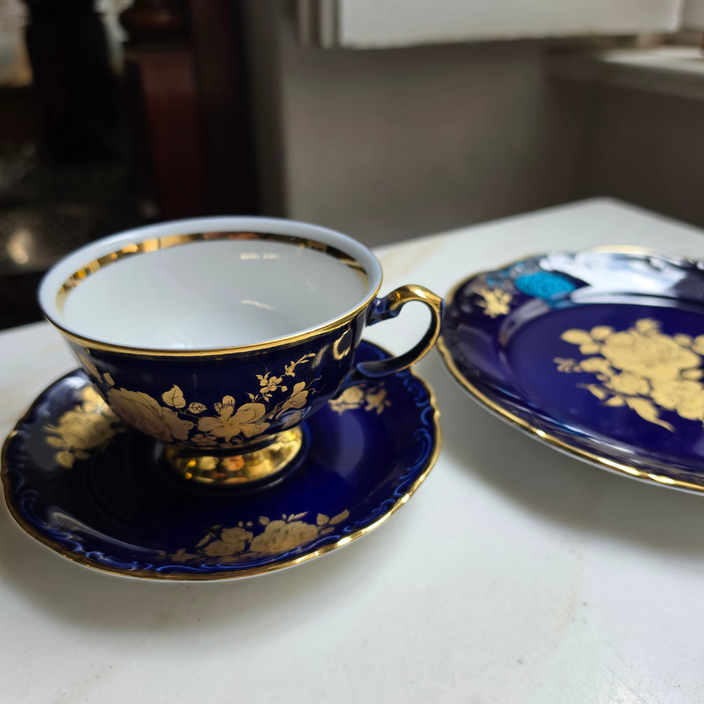 Vintage Mitterteich Bavaria Porzellan Sammelgedeck – Kobaltblau mit Golddekor (3-teilig)