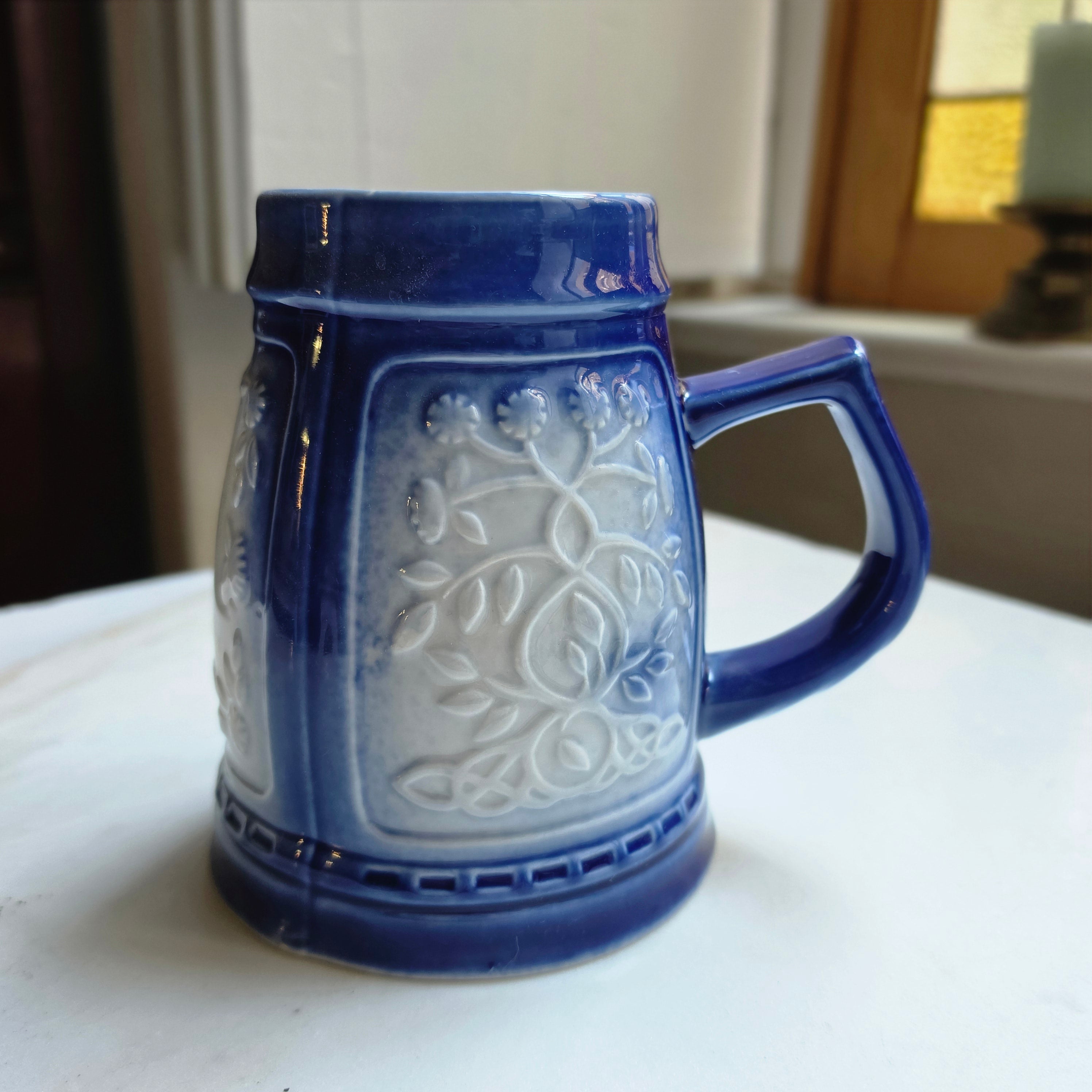 Vintage Keramik Bierkrug oder auch Vase Geschenk blau weiß